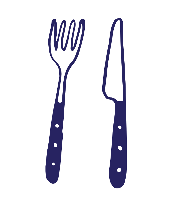 Illustration simple d'une fourchette et d'un couteau, dessins en ligne de couleur violette sur un fond noir.
