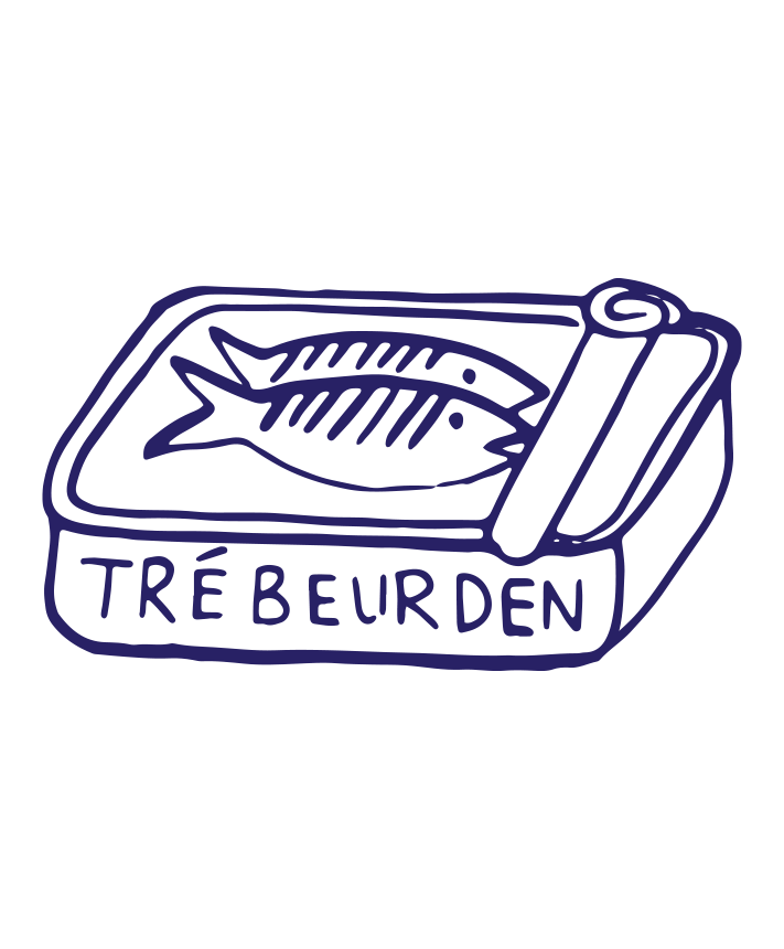 Une boîte de conserve à l'allure dessinée représentant deux poissons, avec le texte 'TRÈ BEURDEN' écrit dessus.