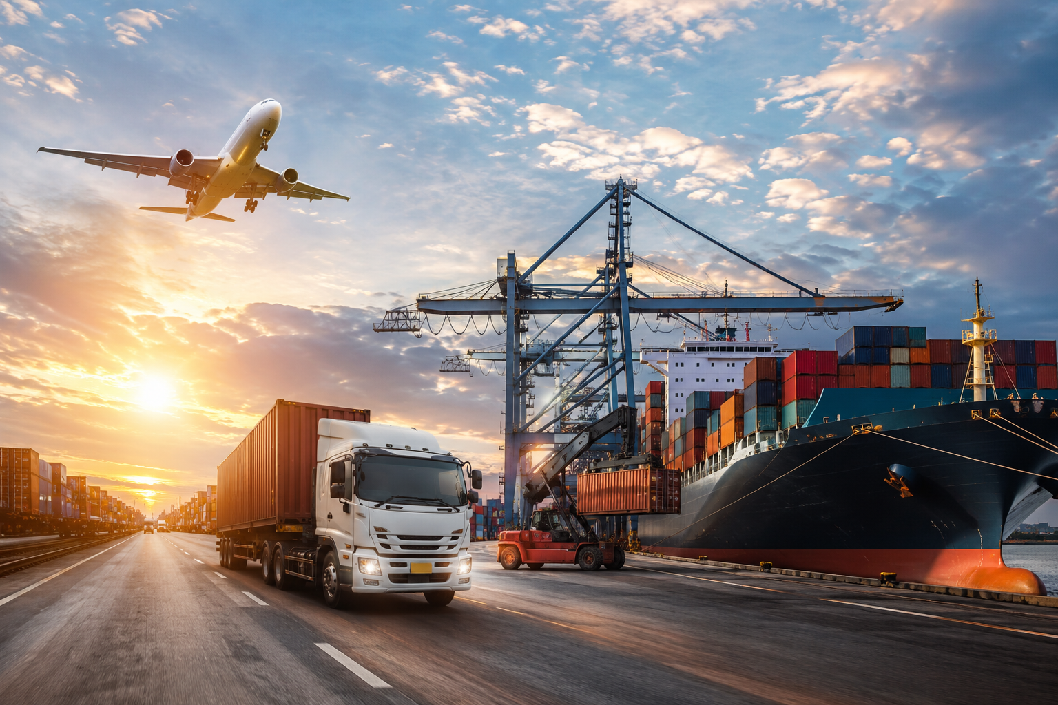 Transporte terrestre, marítimo y aéreo para operaciones logísticas internacionales.