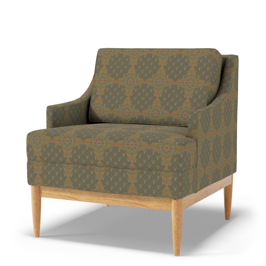 A radial, rose compass and fish scale hand-drawn pattern with green, blue, and brown on a contemporary chair with modern wood legs