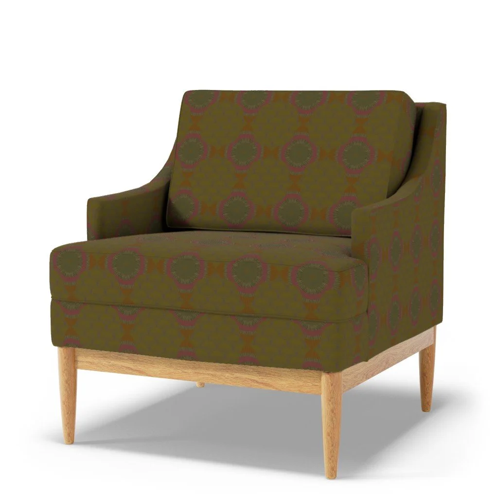 Gold Bronze fish scale and center star fabric on  fabric covering a contemporary sofa chair with light wooden legs