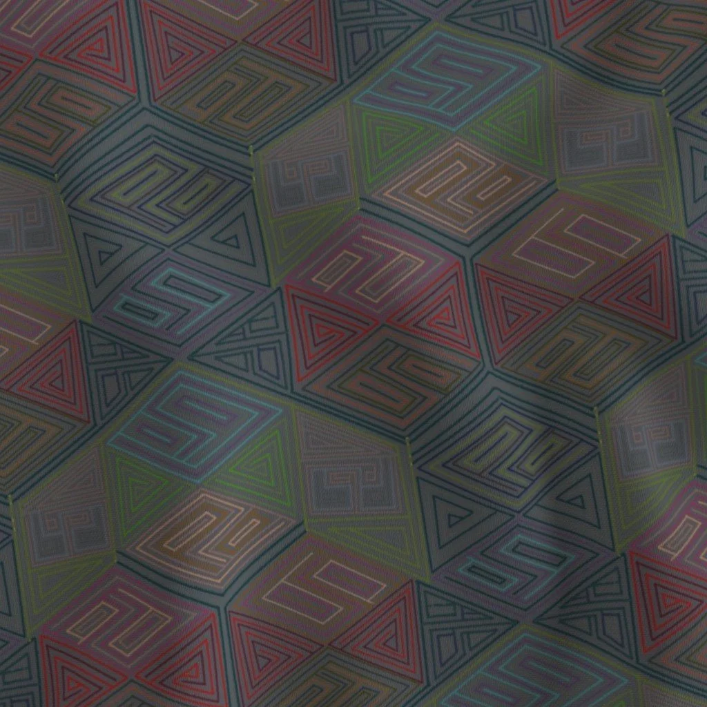 A close-up of hand-drawn hexagon fabric in slate grey, russet, and olive, showing the nested maze-like line detail within each triangle. Fine linework in teal, coral, and cream traces the pattern's geometric repeat.