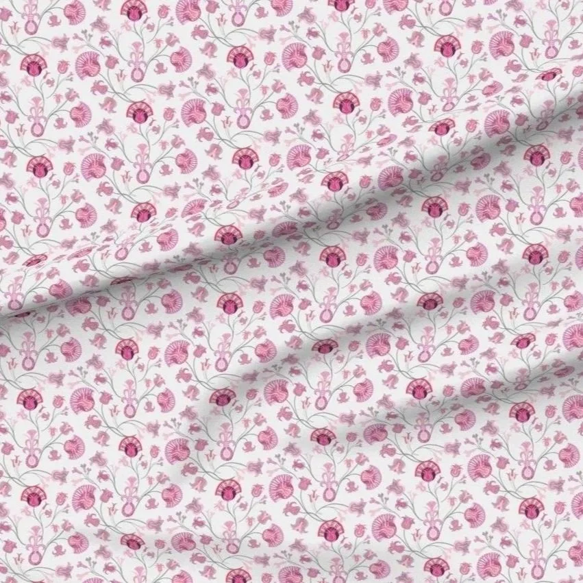 branching tulip-inspired bouquets on a warm white ground shown on a softly rippling piece of cloth