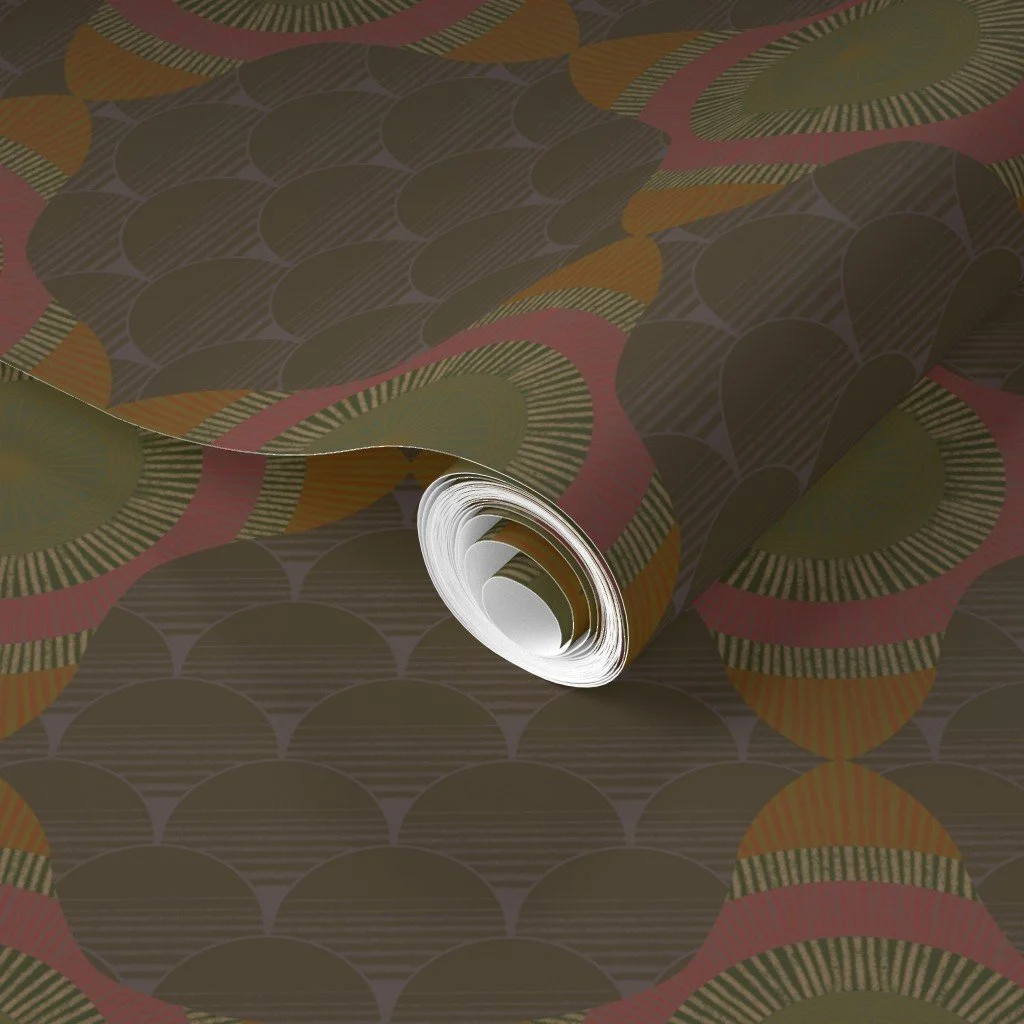 Dark brown fish scale and center star roll of wallpaper