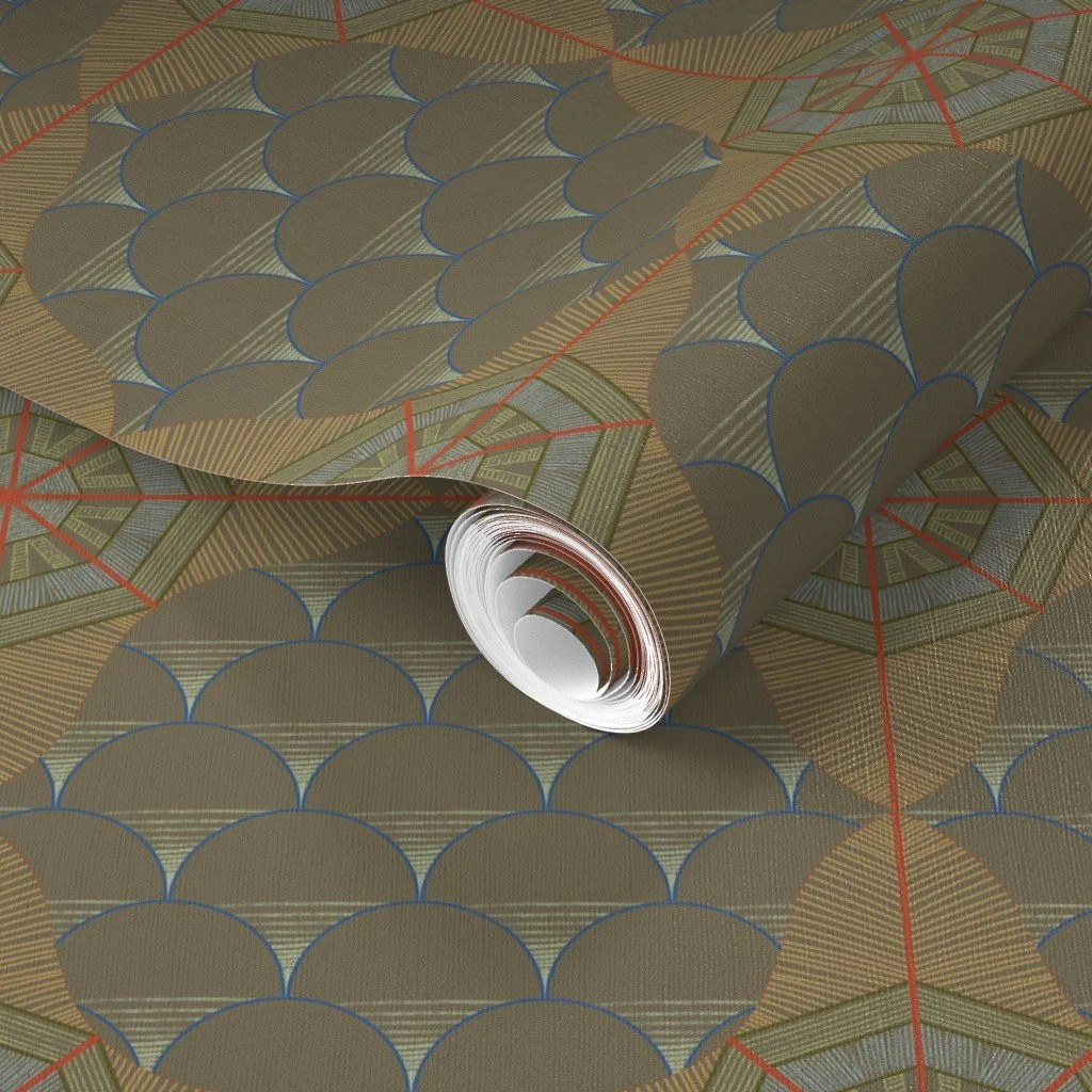A radial, rose compass and fish scale pattern on a roll of wallpaper