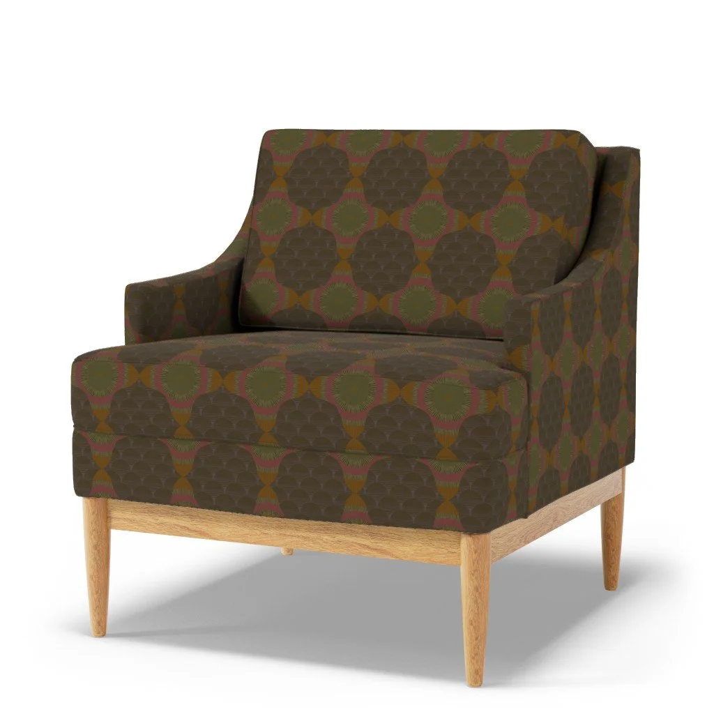 Upholstery with dark brown fish scale and center star gold metallic pattern on a modern sofa chair
