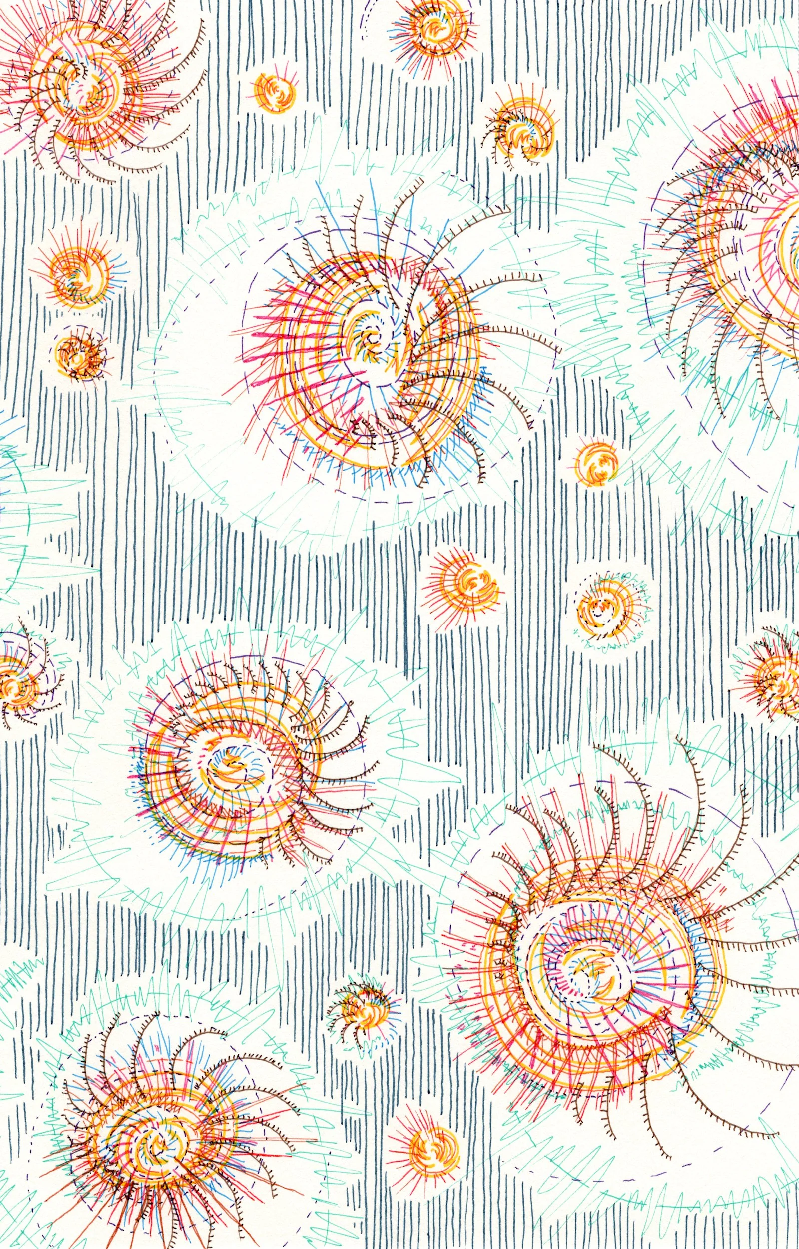 Drawing with multiple colors and lines of spiral shapes separated by repeated vertical lines