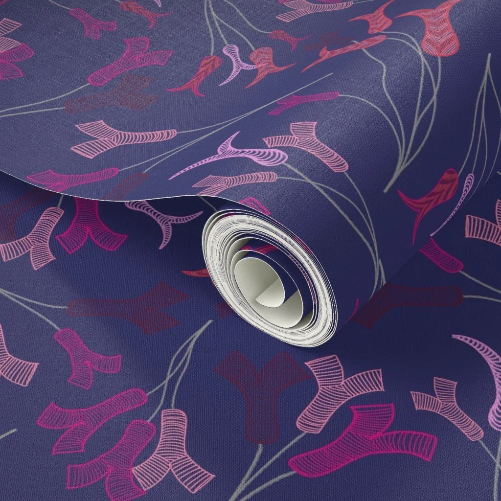 Dark blue wallpaper roll with pink and red floral