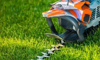 A string trimmer lying on green grass