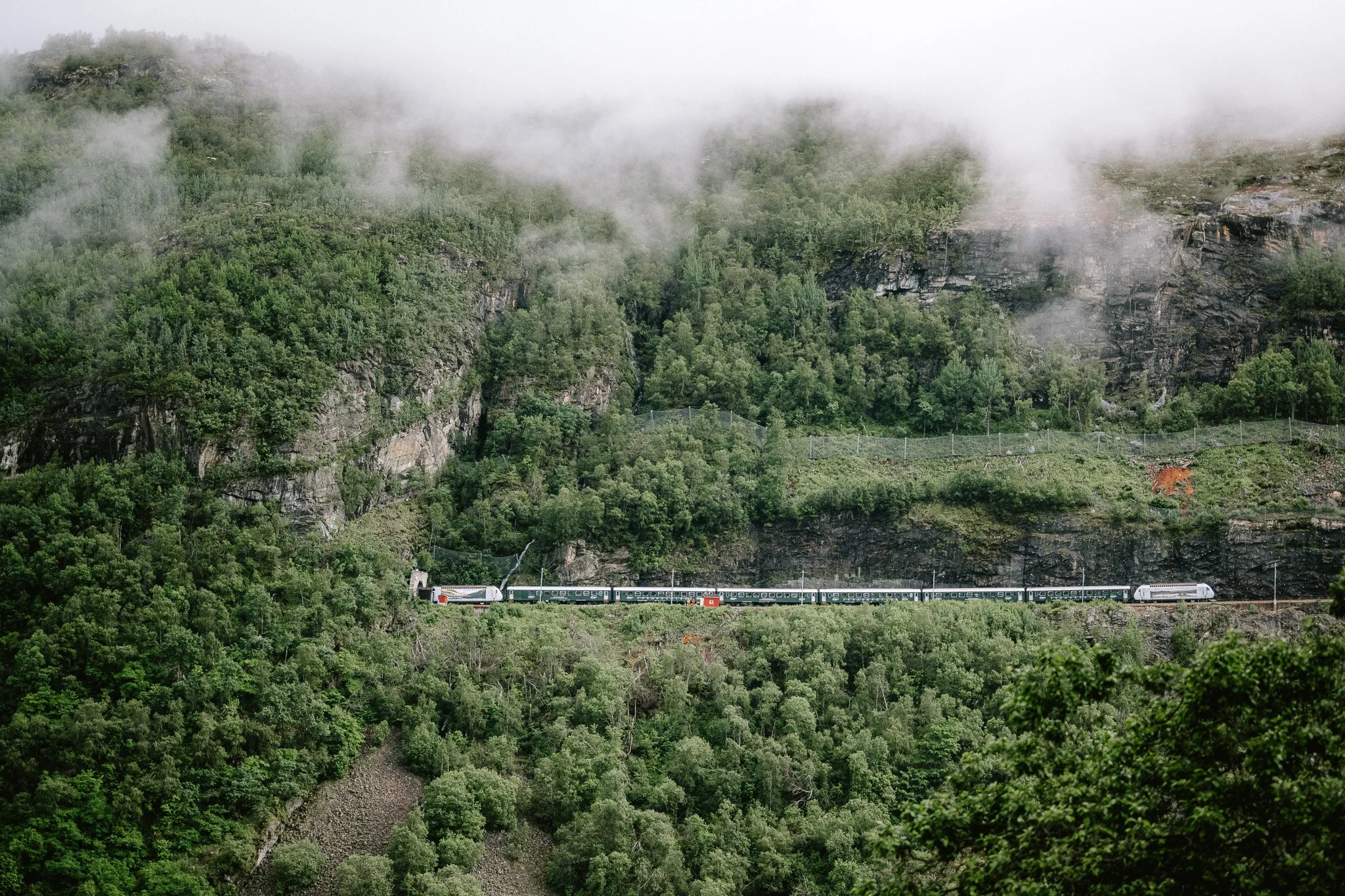 A train traveling through a mountainous, forested landscape with mist and low-hanging clouds.