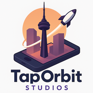 Illustration of a smartphone with a city skyline emerging from the screen, a rocket launching upward, and a ring around the skyline, representing TapOrbit Studios.