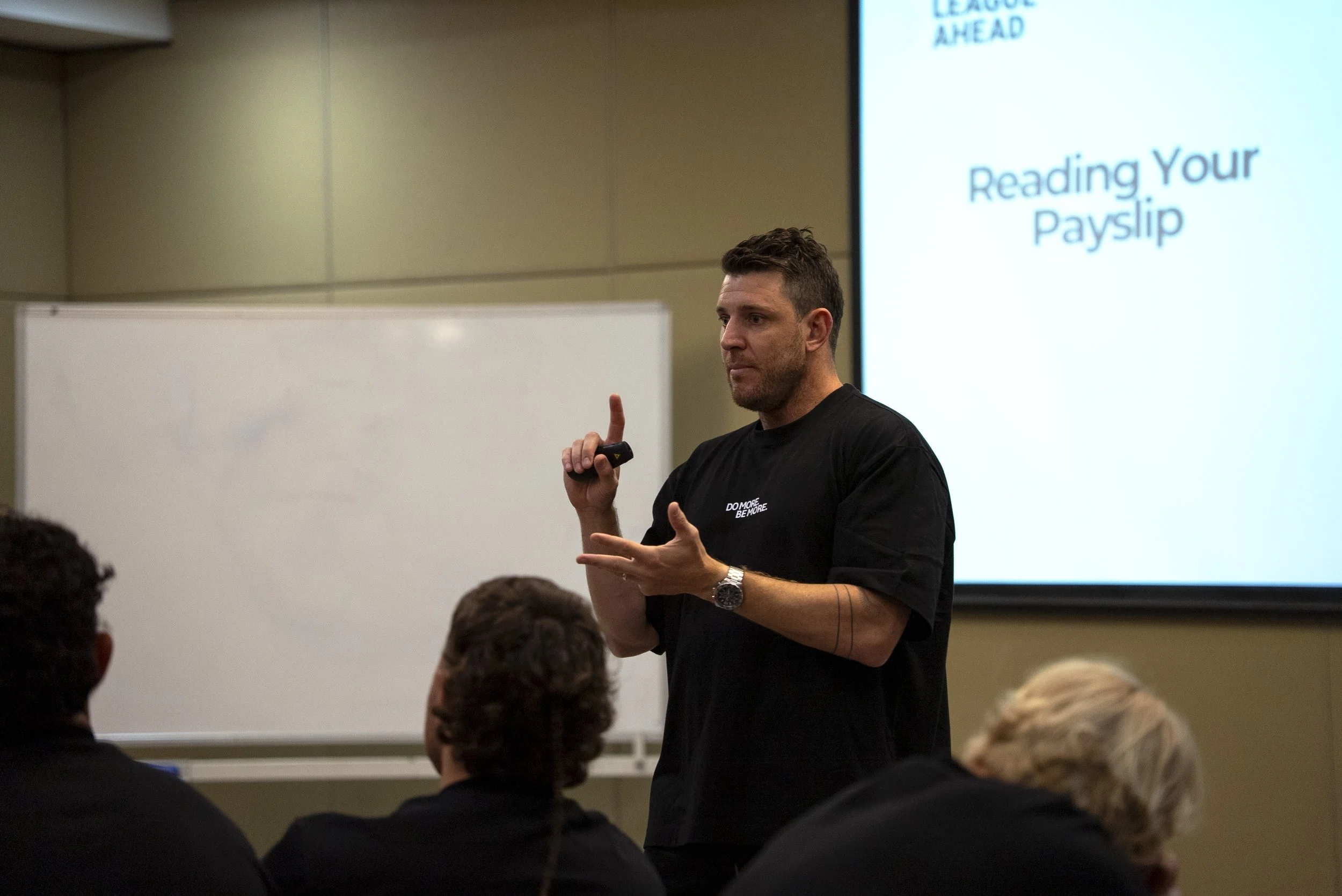 Financial literacy coach Tony Caine presenting at NRL Rookie Camp.