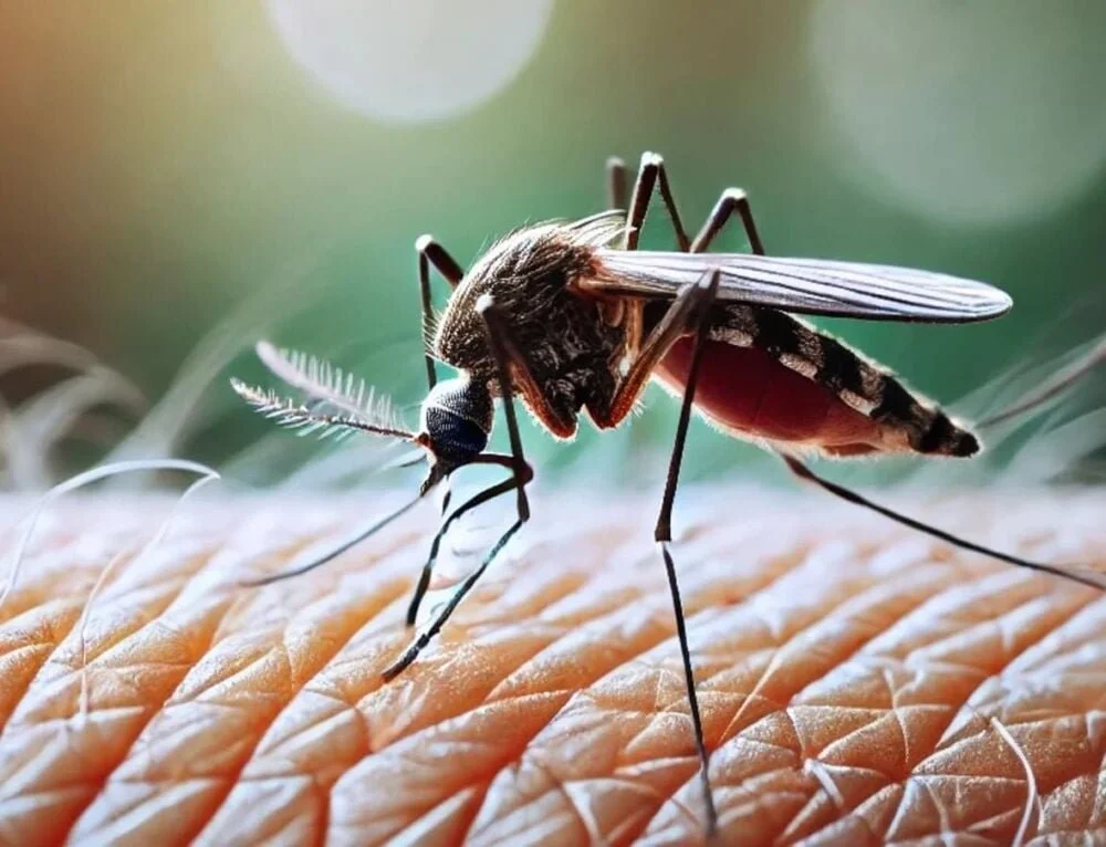 Close-up of a mosquito on human skin, with a blurred background.
