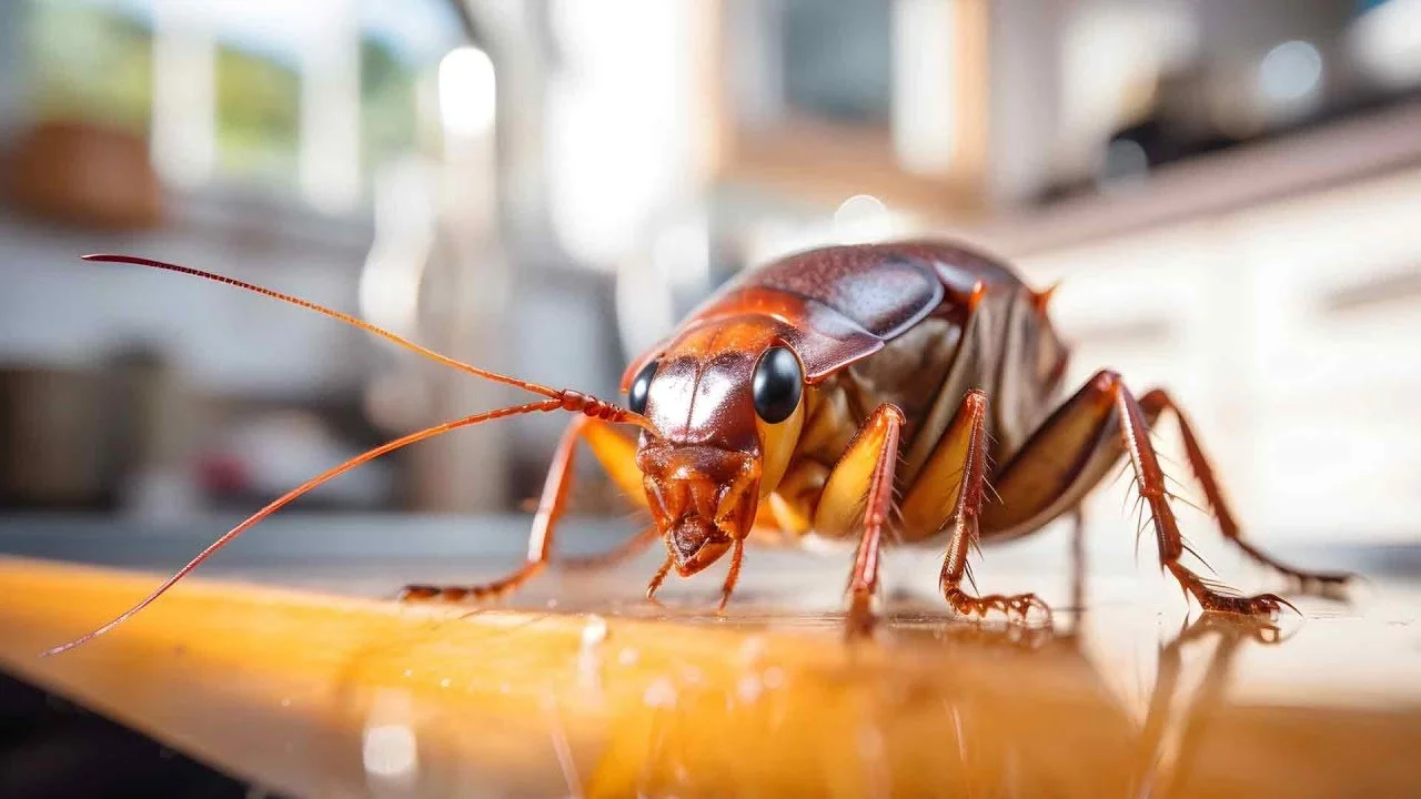 Close-up of a giant cockroach on a wooden surface with a blurred indoor background.