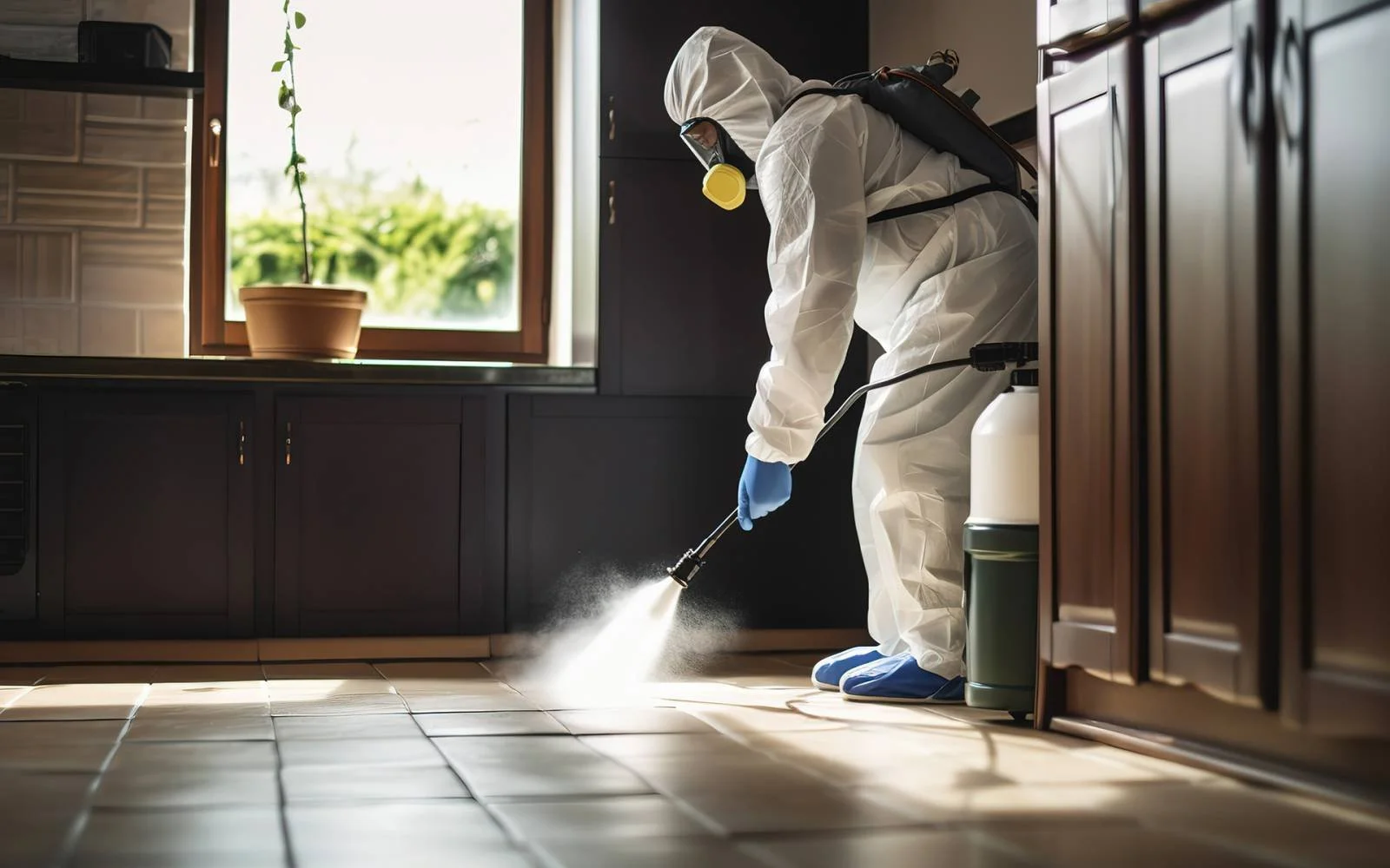 Person dressed in protective gear using a spray disinfectant in a kitchen.