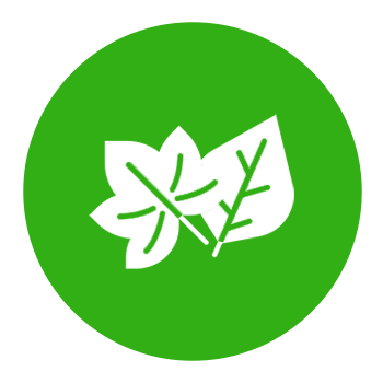 Green circular icon with white outline of a leaf and a smaller leaf inside it.