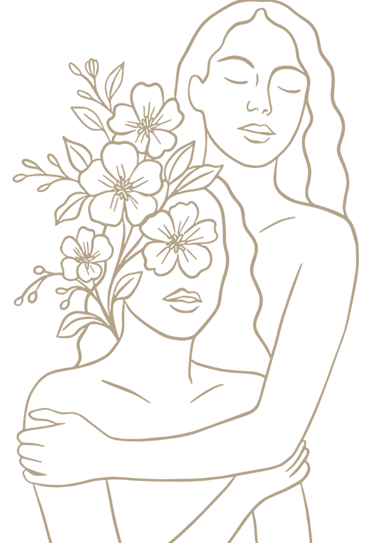 Line art illustration of two women, one with flowers on her head, embracing each other against a black background.
