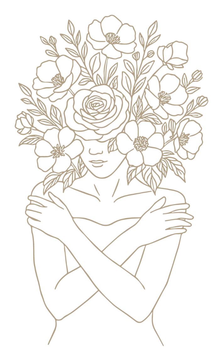 Line drawing of a woman with her arms crossed over her chest, her hair replaced by an arrangement of large flowers and leaves, on a black background.