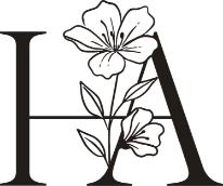 Black and white illustration of a flower with a butterfly, with the letter 'H' next to it.