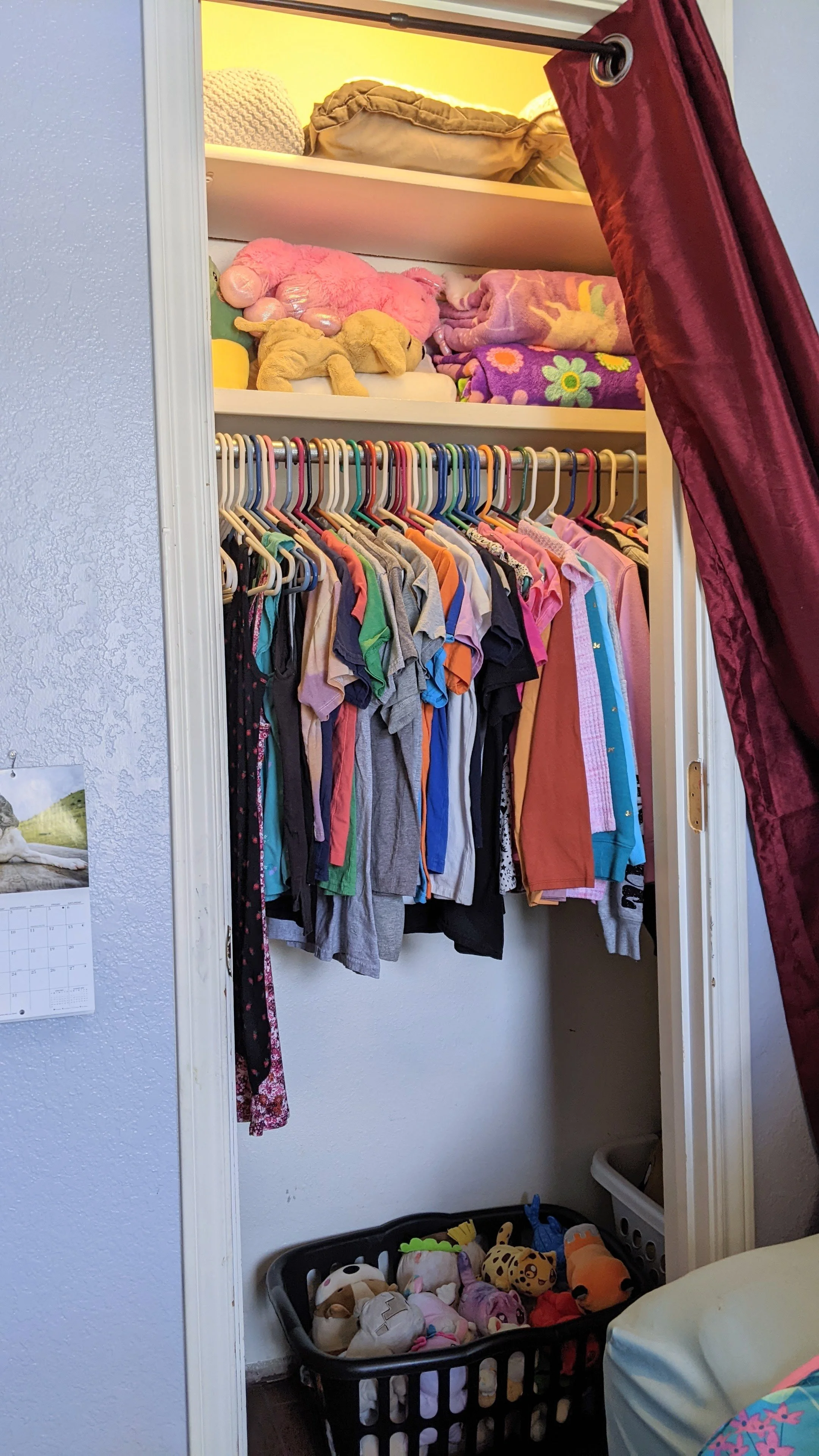 Girl's bedroom closet after sorting and organizing
