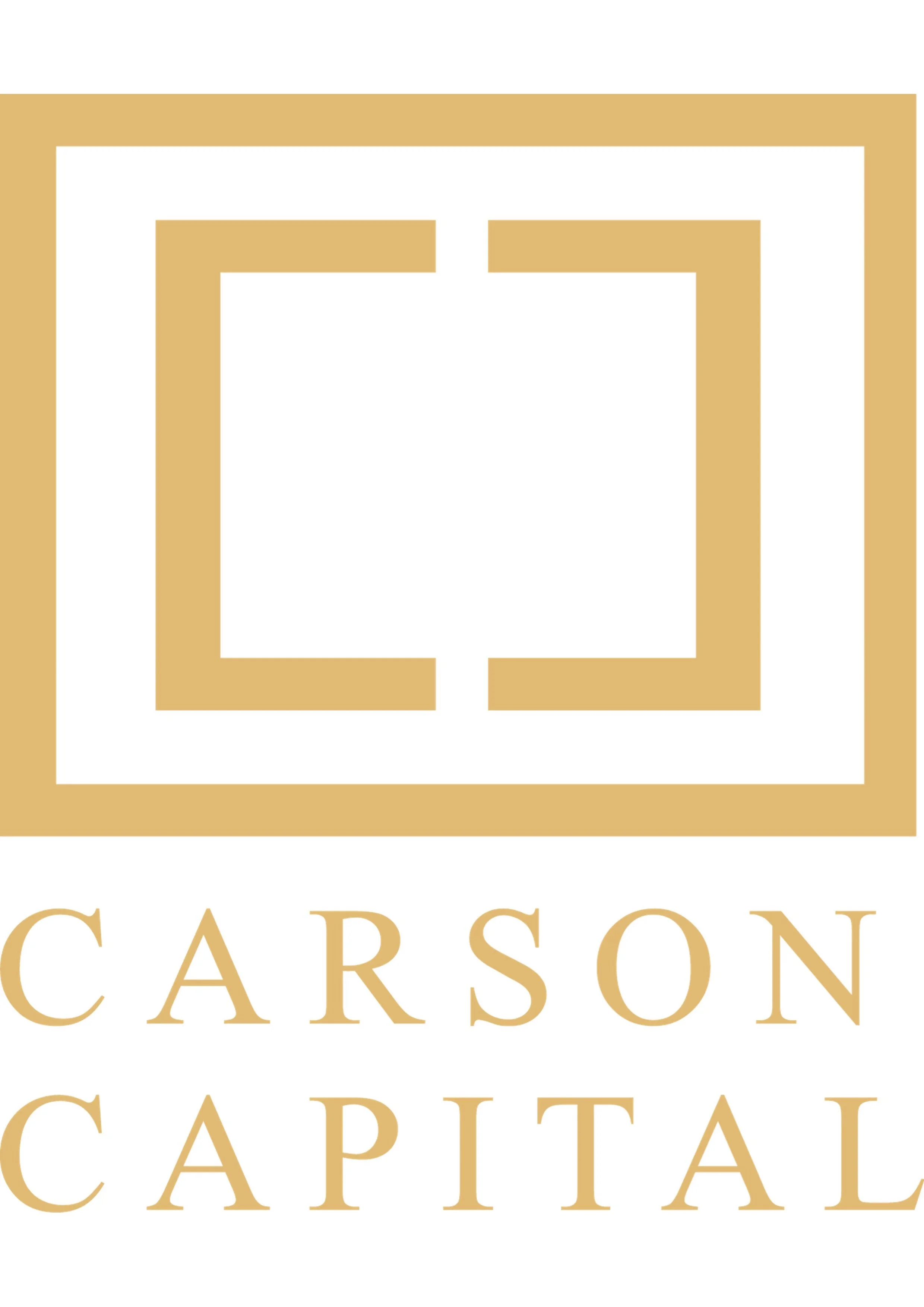 Logo for Carson Capital featuring a stylized letter 'C' in a square outline with a beige color scheme, and the words 'Carson Capital' in large, beige capital letters.