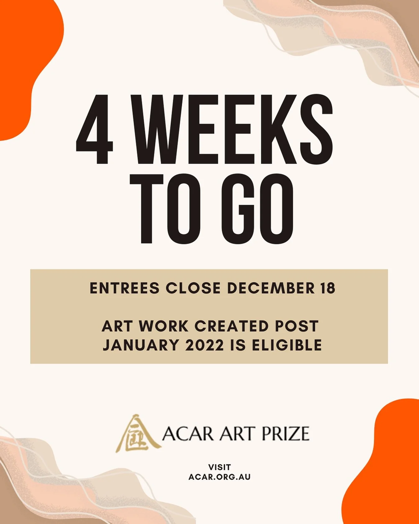 The countdown is on. Only four short weeks left to enter the inaugural ACAR Art Prize! We&rsquo;re already blown away by the incredible talent that&rsquo;s come through - don&rsquo;t miss your chance to be part of this moment. #ACARArtPrize