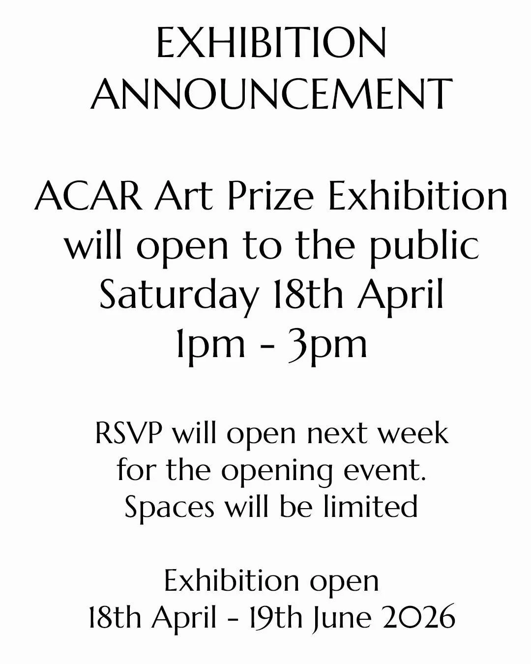 Winners Announced 17th April @ 6:30pm! 
Doors open to the public on Saturday 18th April 1pm. RSVP essential for the opening free event. RSVP will open next week. Watch this space! :-)