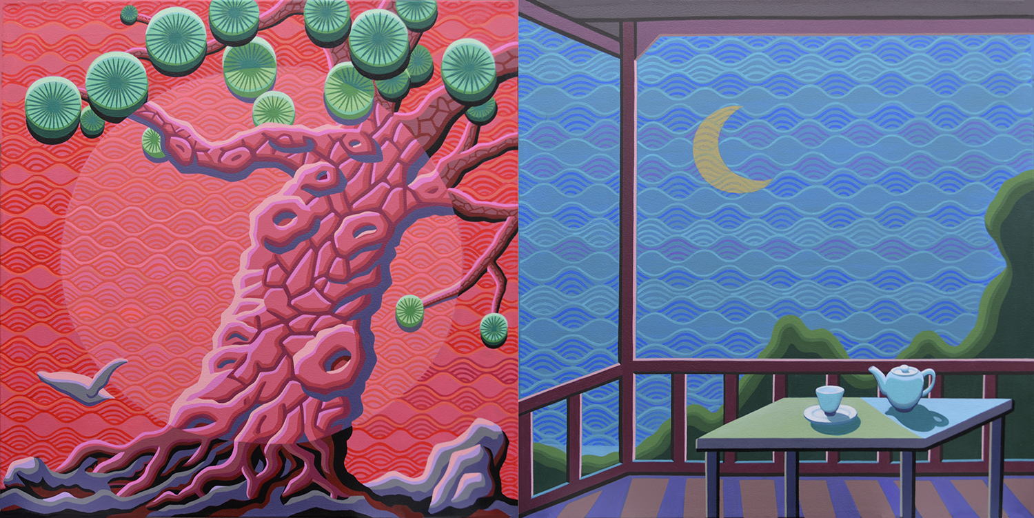 A split-image artwork featuring a stylized pink and purple tree with green circular leaves on the left, against a red patterned background with a seagull flying nearby; on the right, a scene of a room with a balcony, blue patterned wall, green mountains, moon in the sky, and a table with a teapot and teacup.