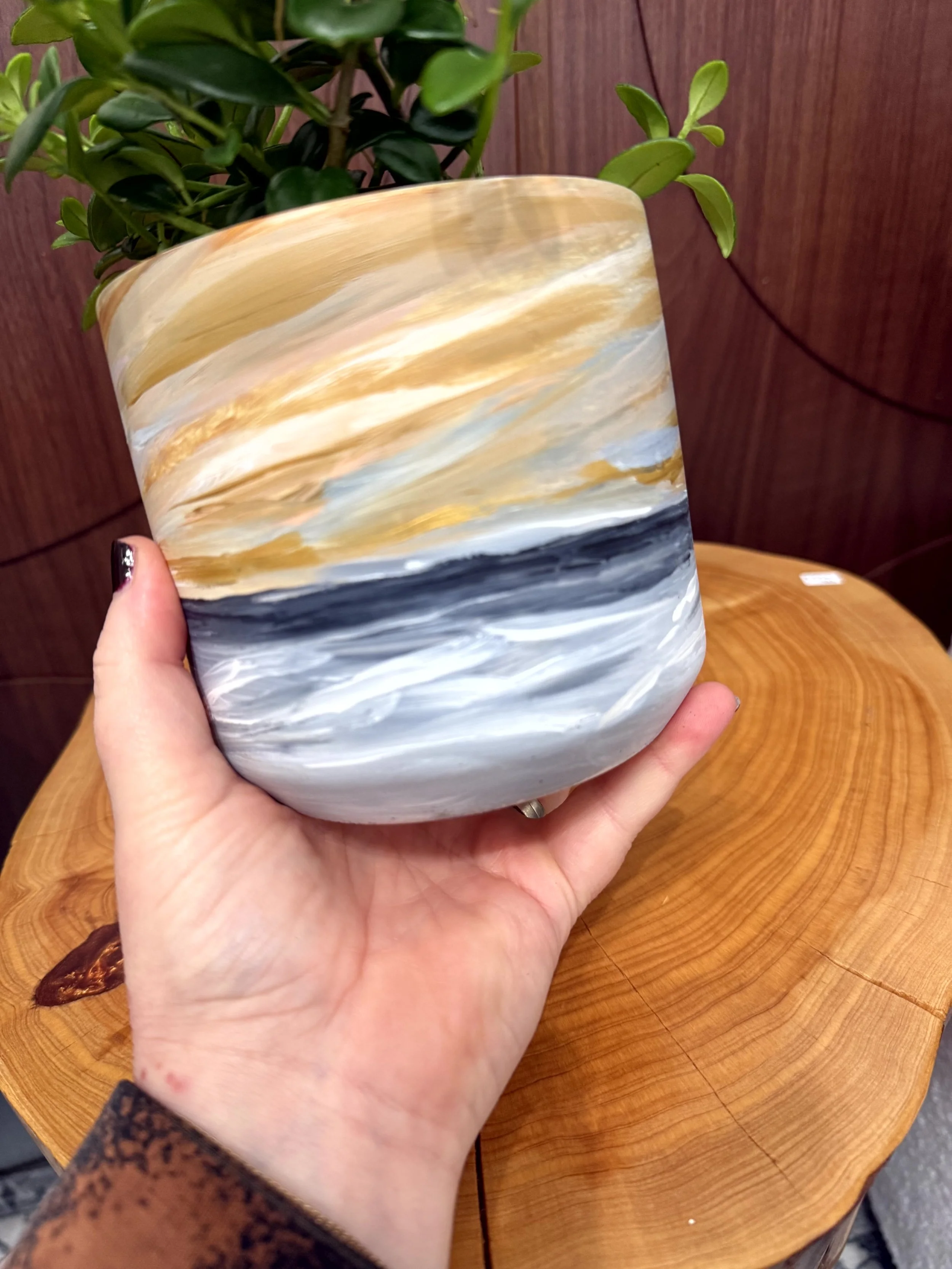 Hand Painted Ceramic Planter Ocean with Live Plant