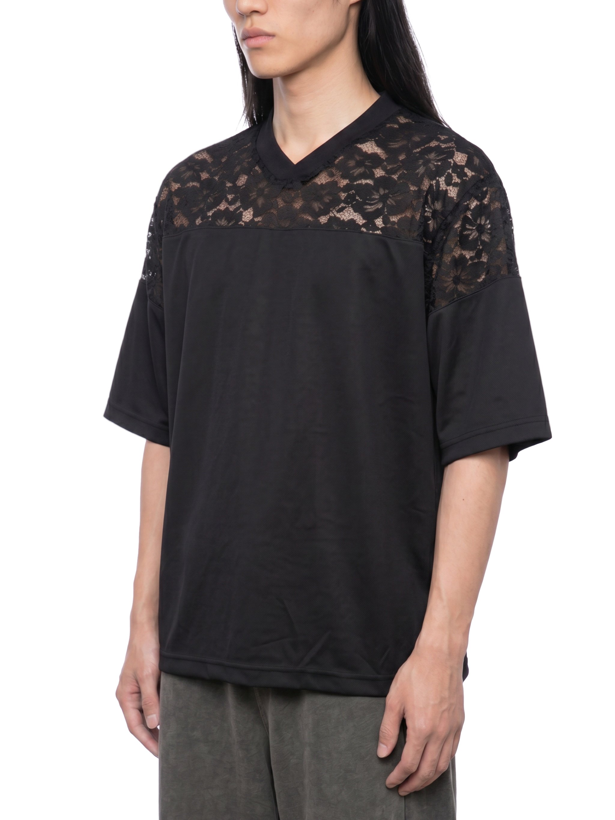 Unisex Lace Paneling V-Neck T-Shirt-gallery-6.png
