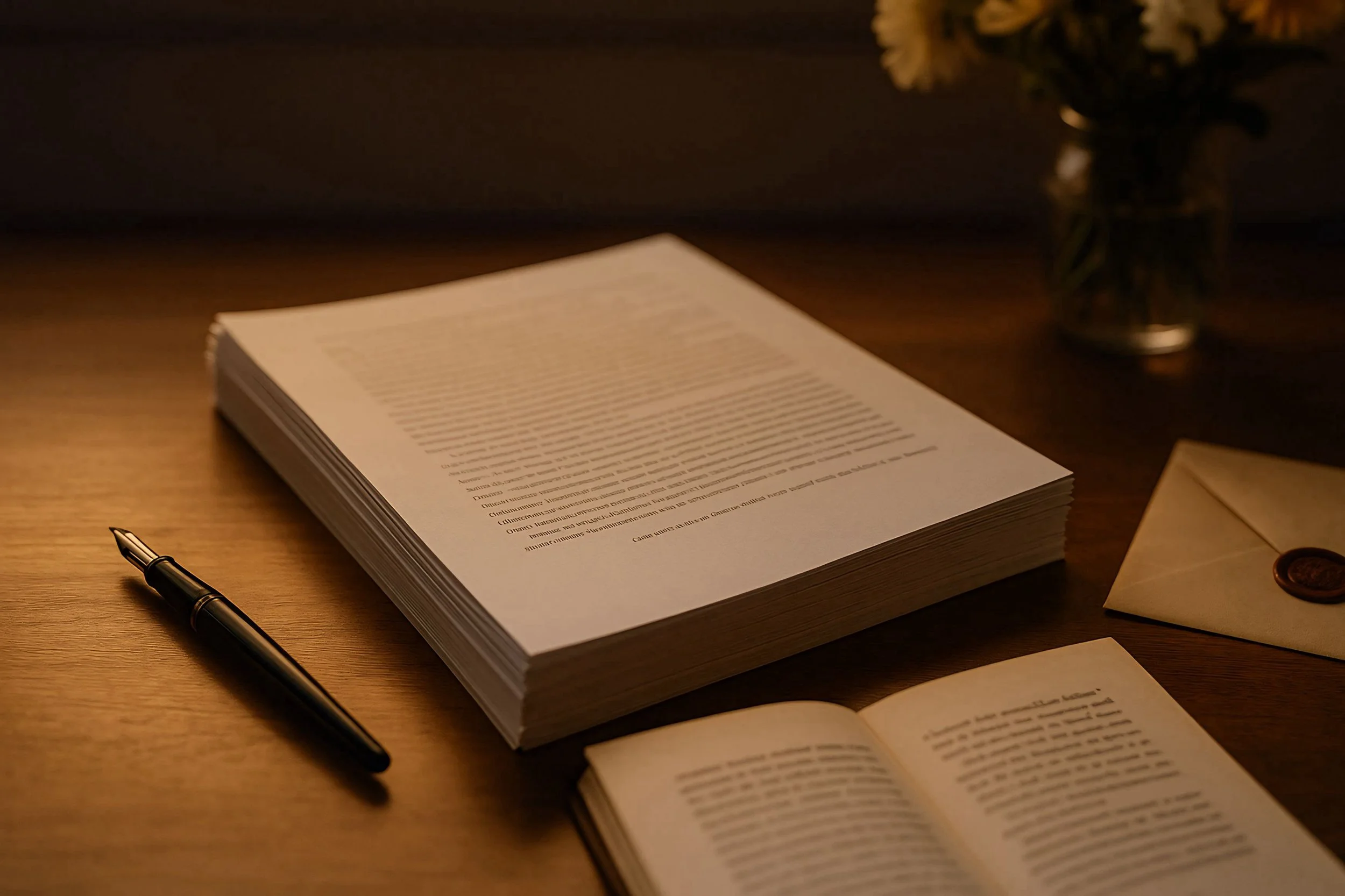 A stack of report pages on a wooden table with an open book, a black pen, a closed envelope with a wax seal, and a vase with flowers in the background.