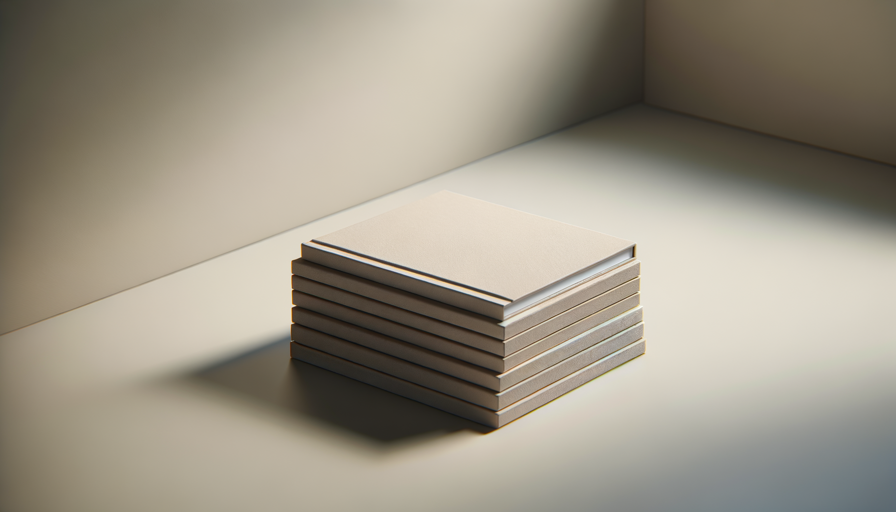 A stack of eight beige and light gray notebooks or boxes on a light-colored surface with soft shadows.