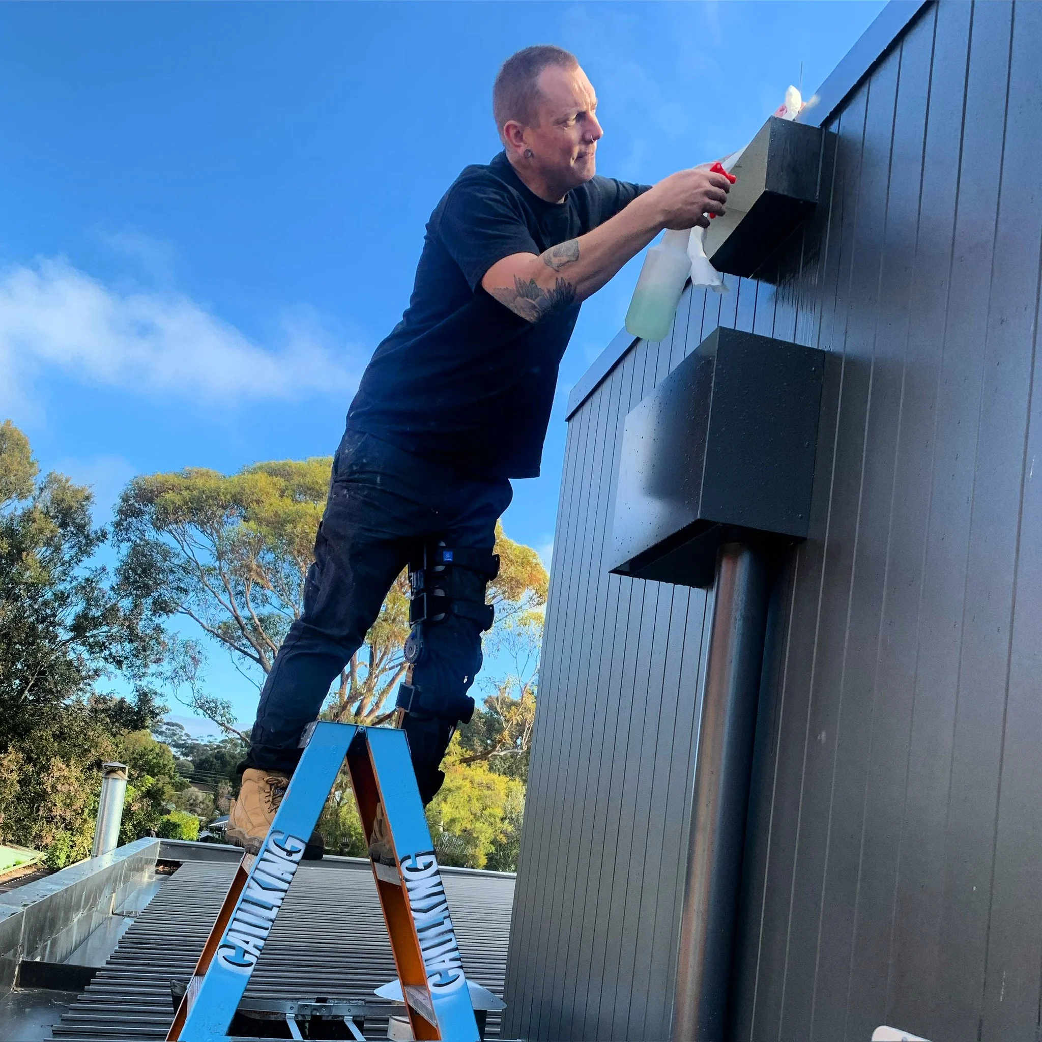 A professional caulker on a ladder caulking and sealing the exterior of a building against a blue sky with some clouds and trees in the background.
