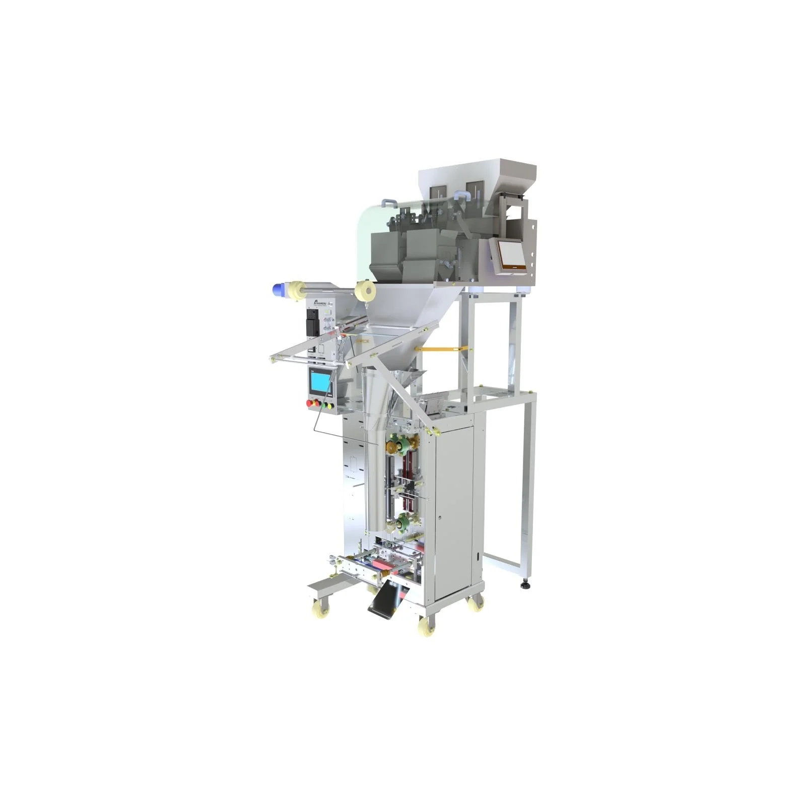 Automated manufacturing or packaging machine with various components and a control touch screen.
