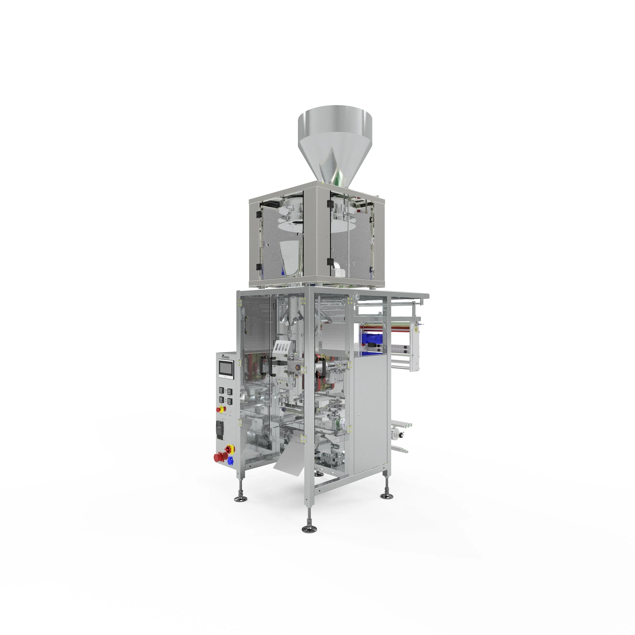 Automated packaging machine with stainless steel frame, control panel, and hopper on top, designed for filling and sealing products.