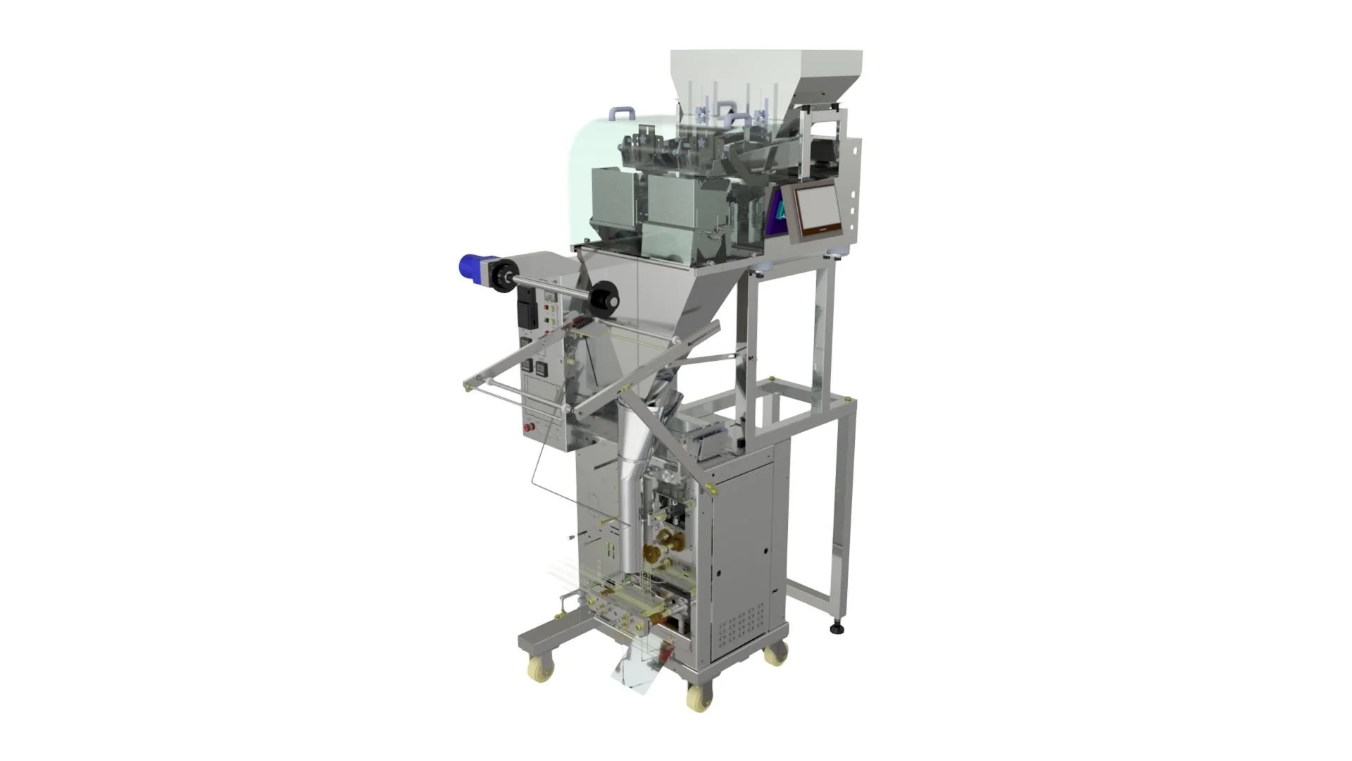 Automated industrial filling and packaging machine with metal frame, conveyor, and controls.
