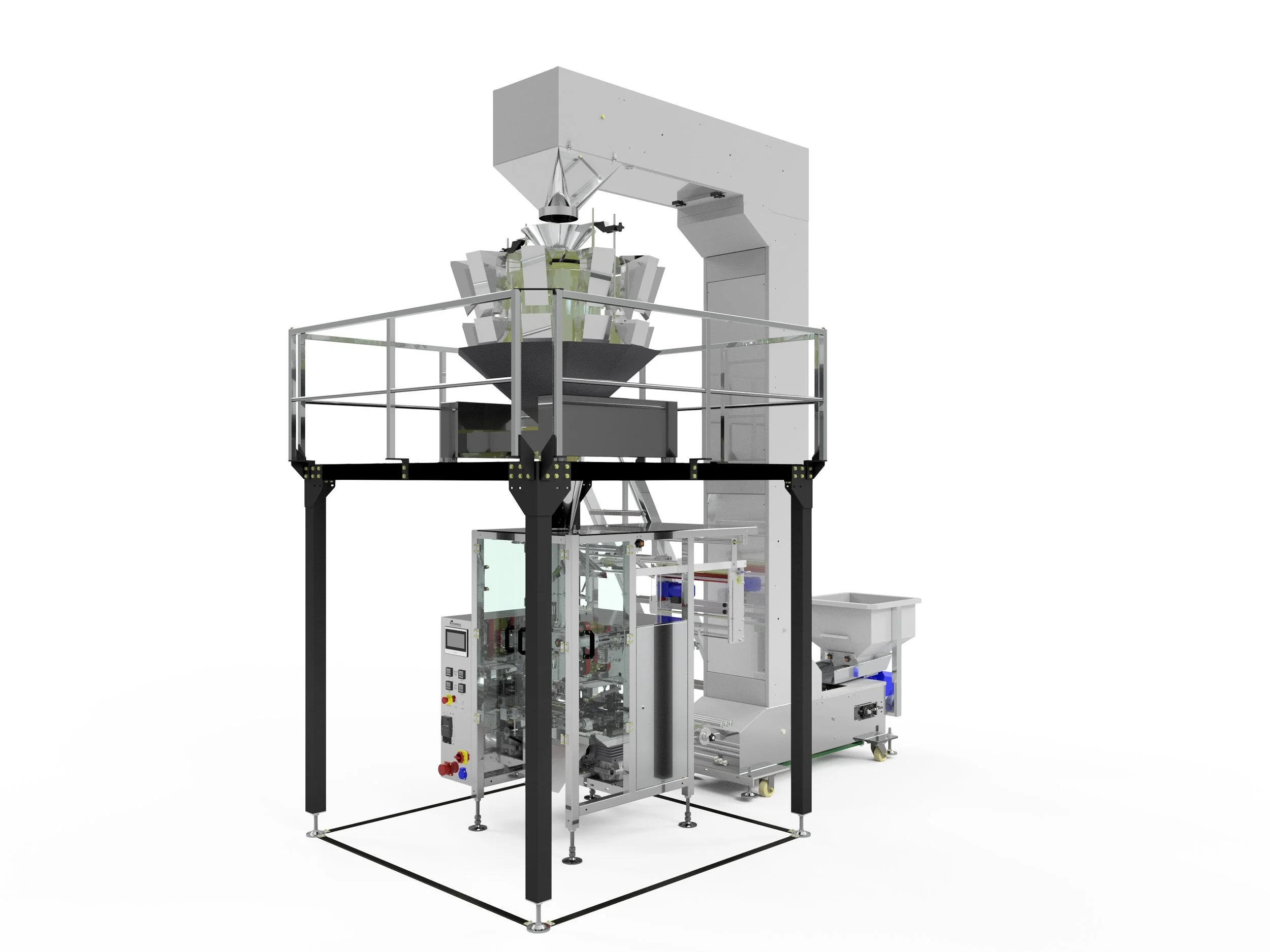 Manufacturing or packaging industrial machine with metal structure, control panel, and conveyor components.