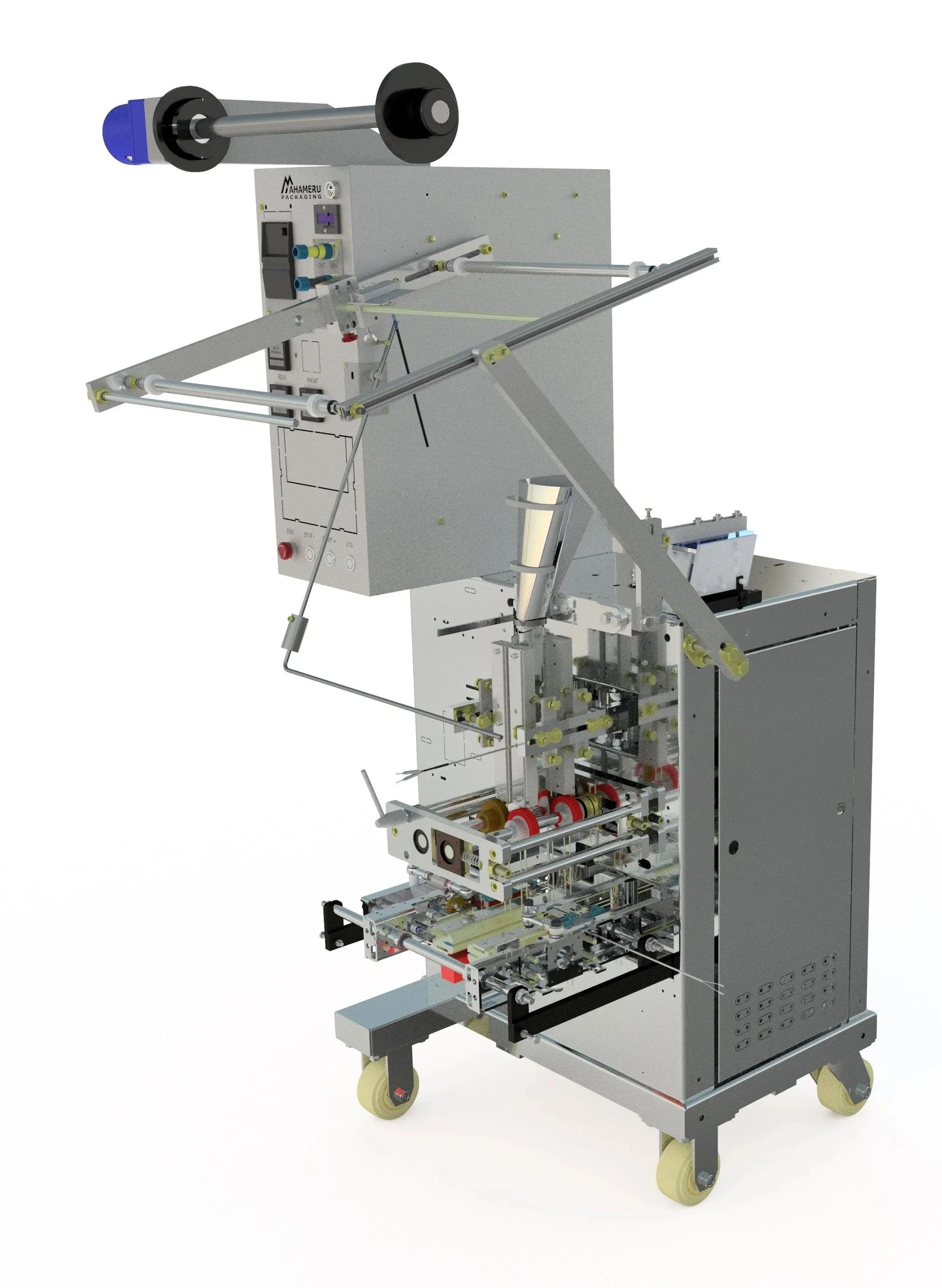 Automated packaging machine with rollers, conveyor, and mechanical arms for sealing or filling packages.