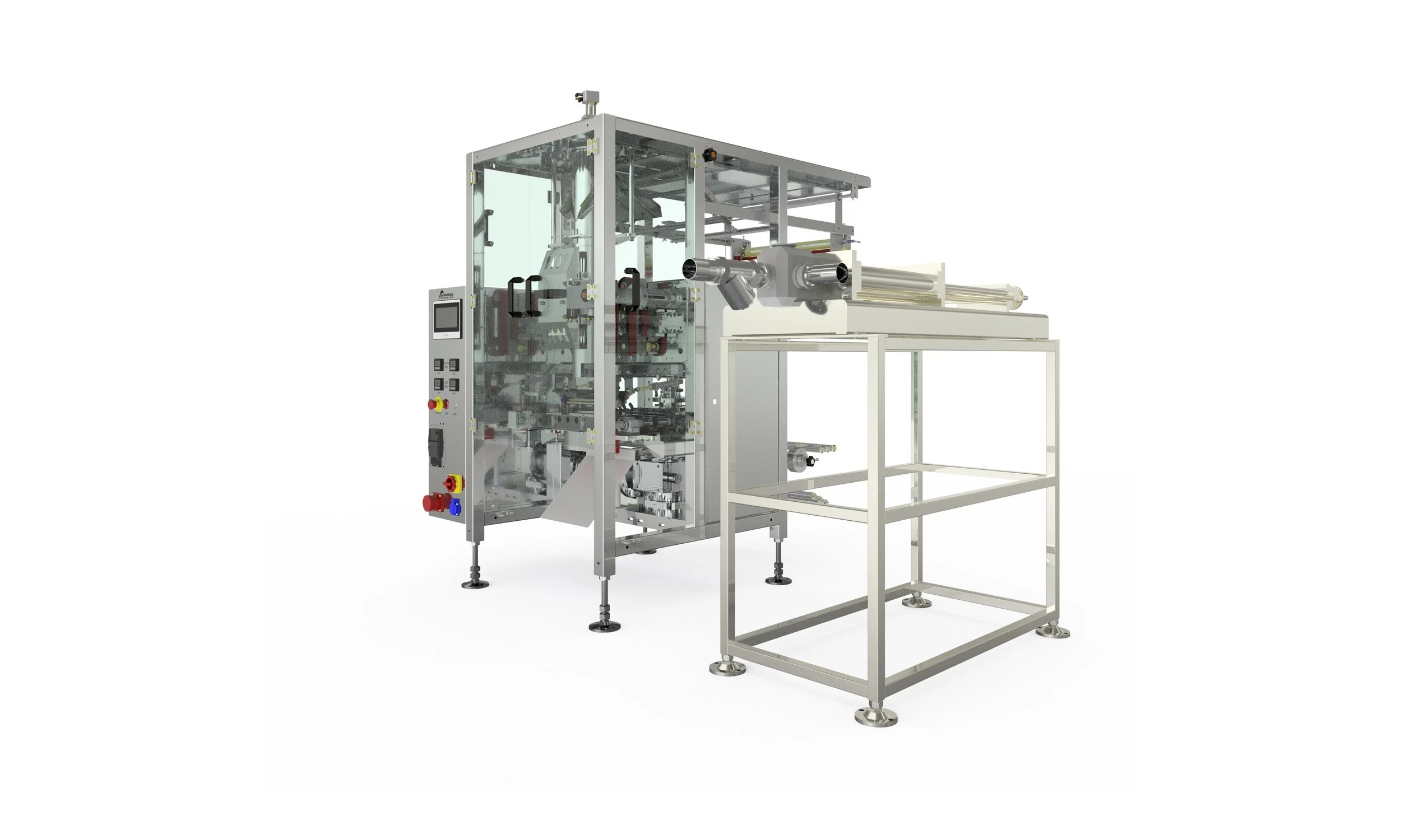 Industrial machinery with control panel and transparent enclosure, likely used for manufacturing or packaging processes.