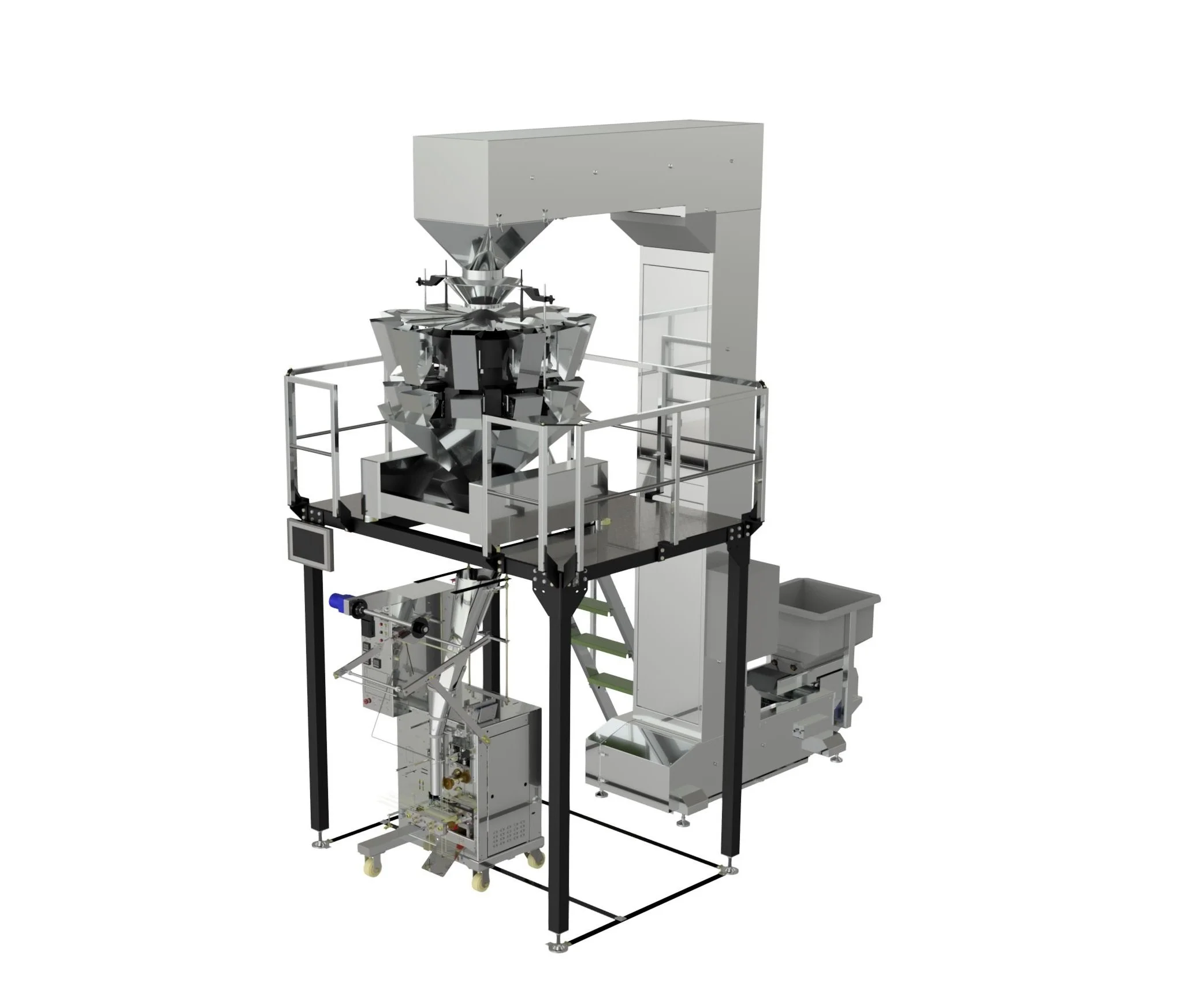 A complex piece of industrial machinery with metal components, a platform, control screens, and various mechanical parts on a white background.