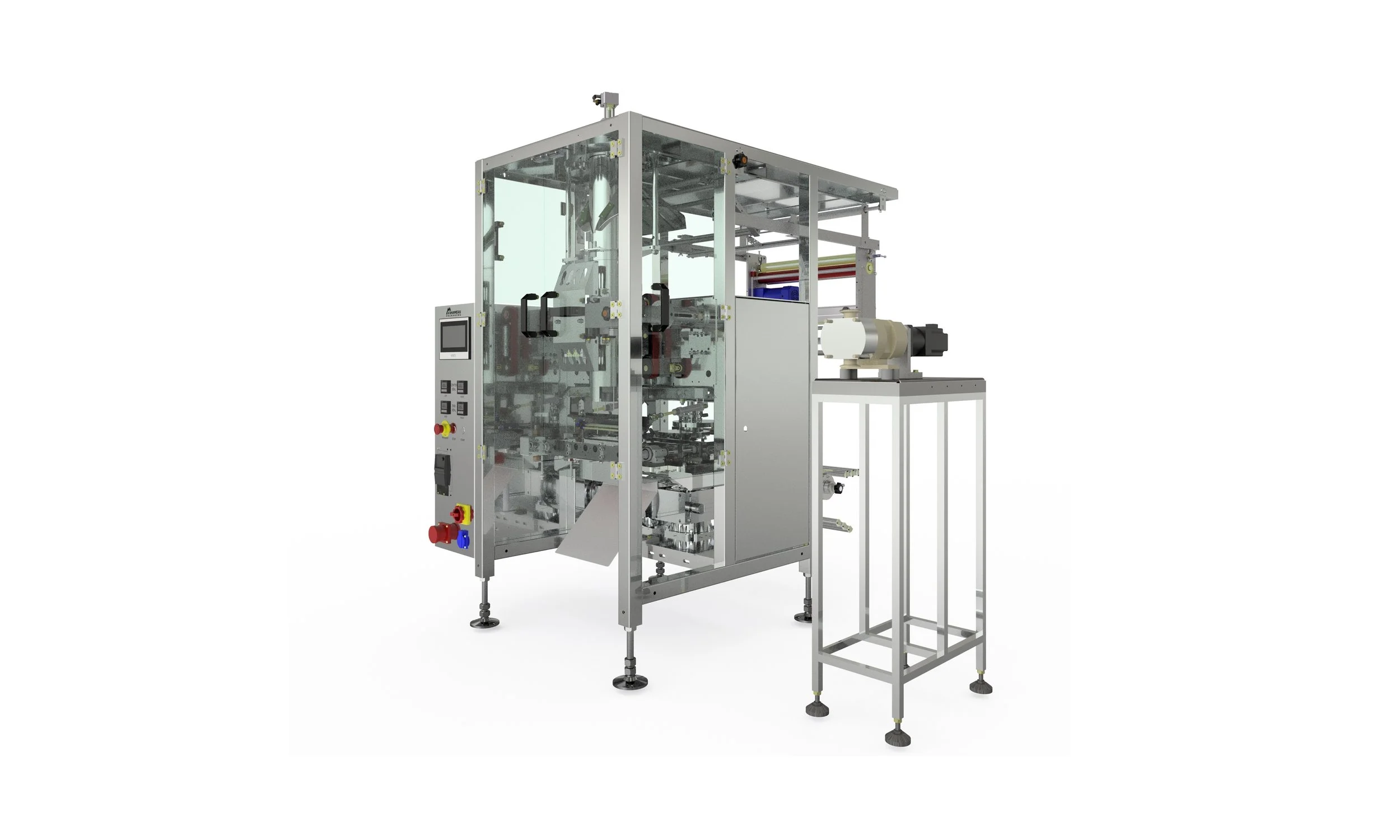 Industrial packaging machine made of metal with control panel, transparent safety cover, and conveyor system.