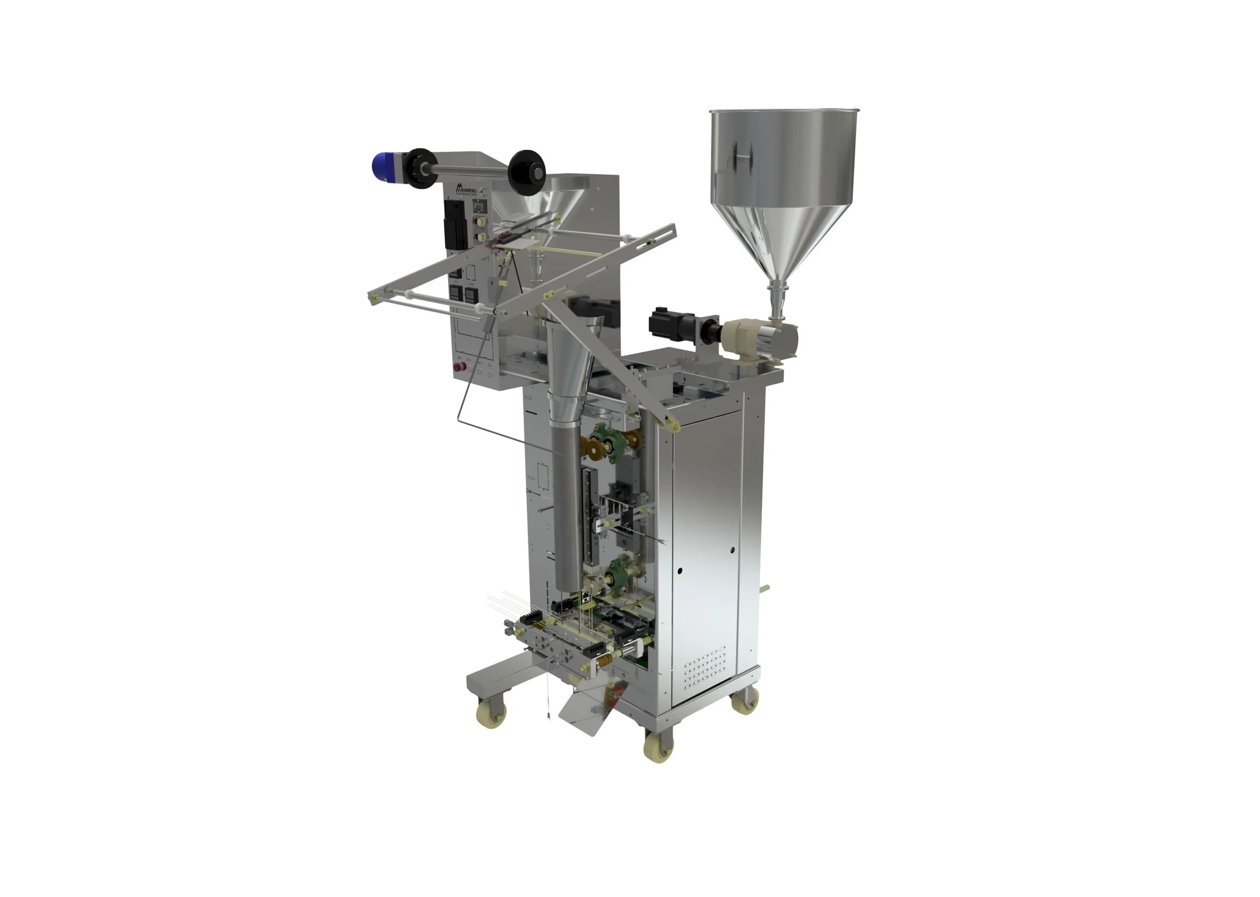 Automated packaging machine with metallic components and a large hopper on top, mounted on wheels.