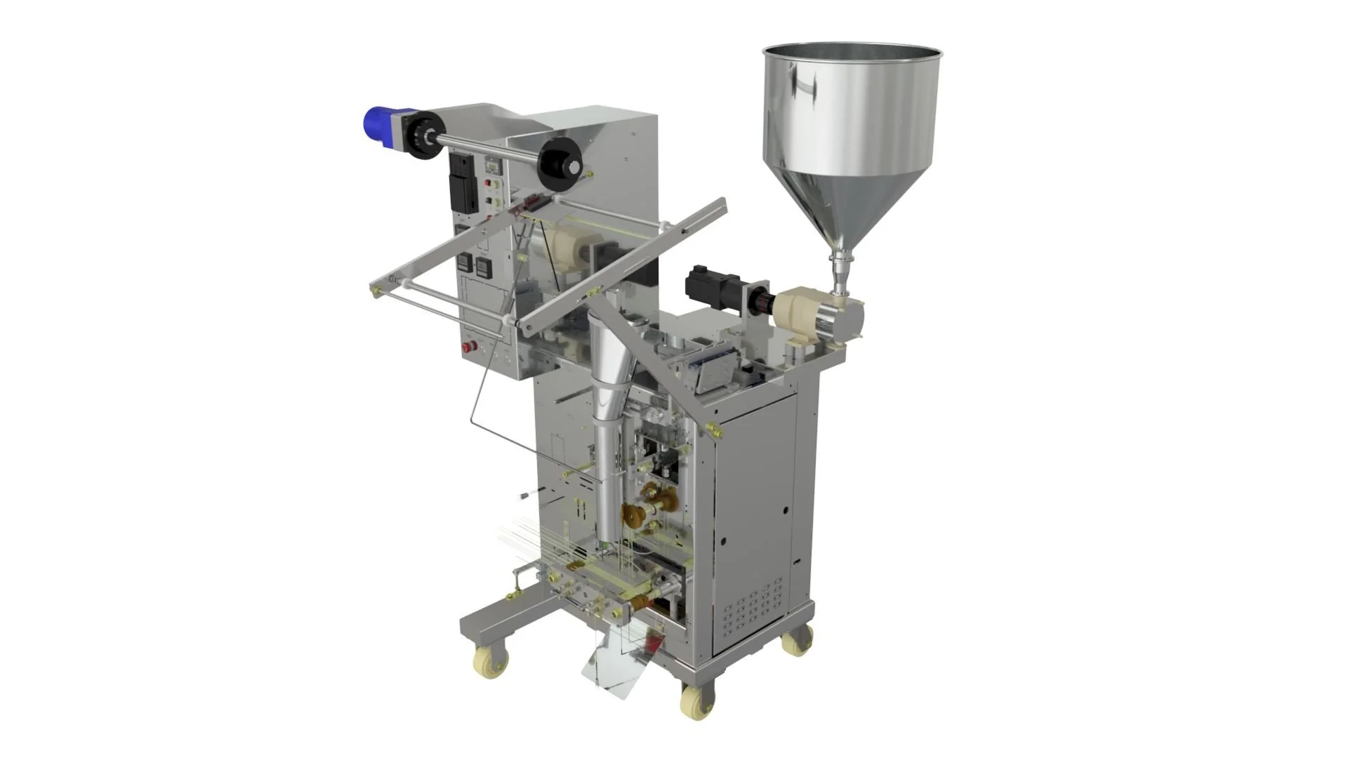 Automated industrial machine with a metal hopper, conveyor, and various mechanical components used for packaging or manufacturing processes.