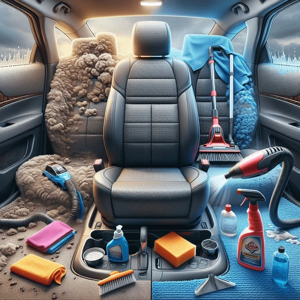 The interior of a car filled with cleaning supplies, vacuum cleaners, towels, and dust clouds, indicating a messy or freshly cleaned vehicle.