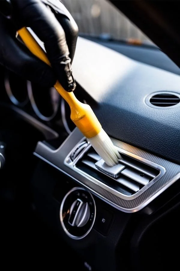A person wearing a black glove using a yellow brush to clean the air vent of a car dashboard.