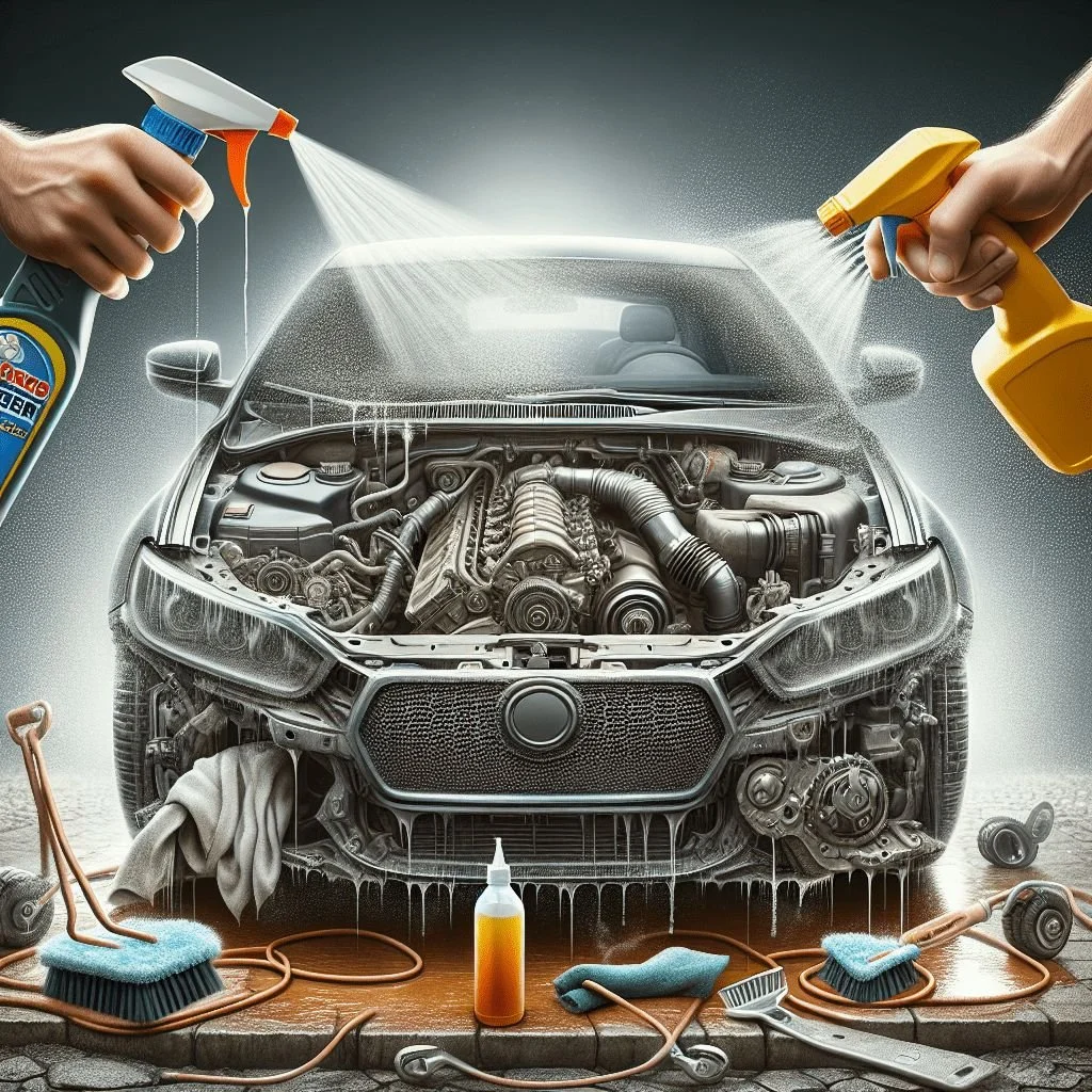 A car being detailed, with two people spraying cleaning products onto the front of the car, which has its hood open showing the engine. There are cleaning tools and supplies on the ground in front of the car.