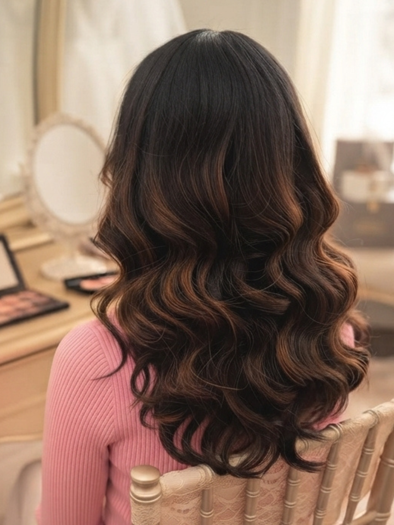 Bridal hairstyling with soft loose waves, back view.