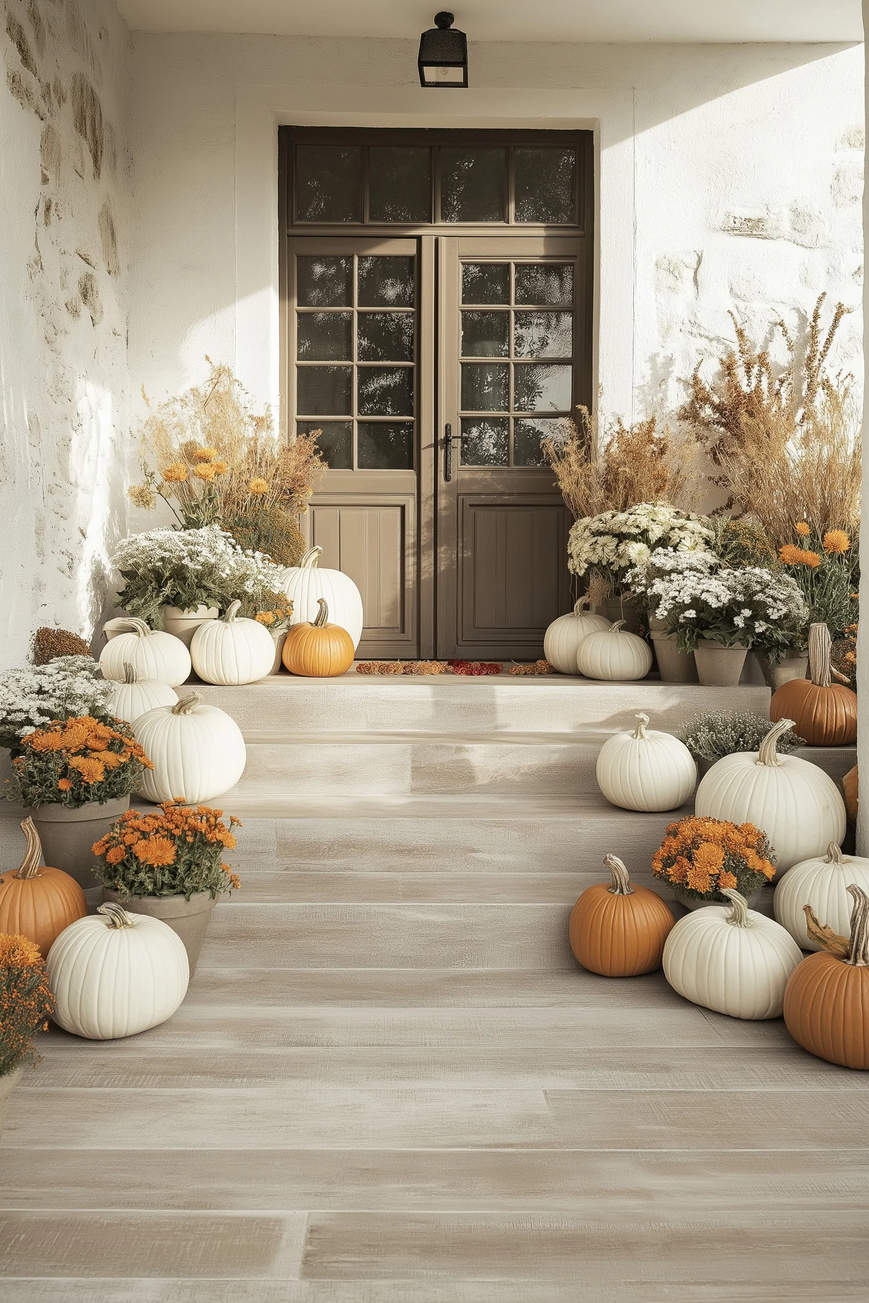 Decorative fall porch with white and orange pumpkins and autumn flowers on stairs and on sides of the door.