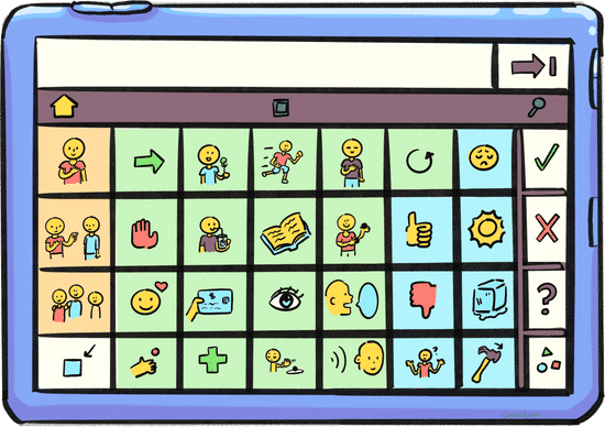 A digital interface with a grid of icons representing actions and objects, including a smiley face, running person, open book, thumbs up, gear, and question mark.
