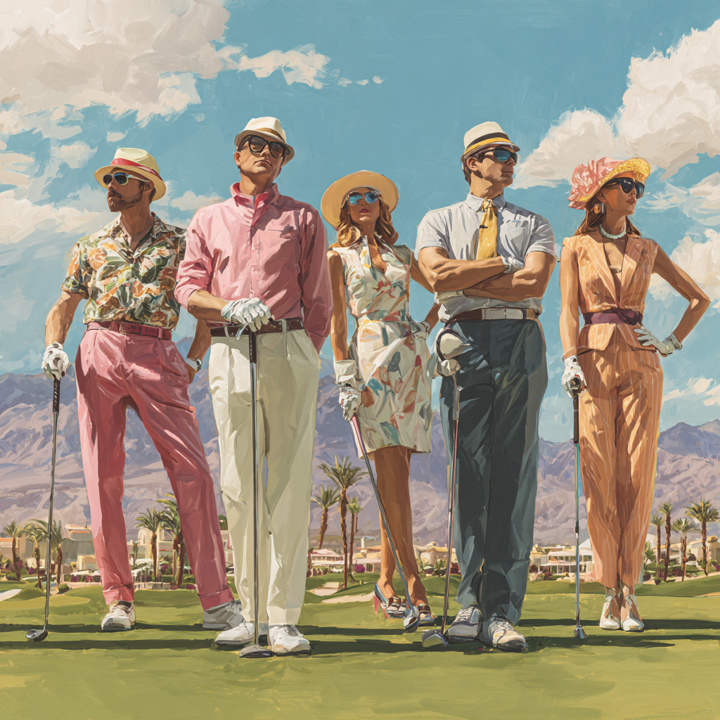 A group of six people dressed in vintage golf attire standing on a golf course with mountains and palm trees in the background under a partly cloudy sky.